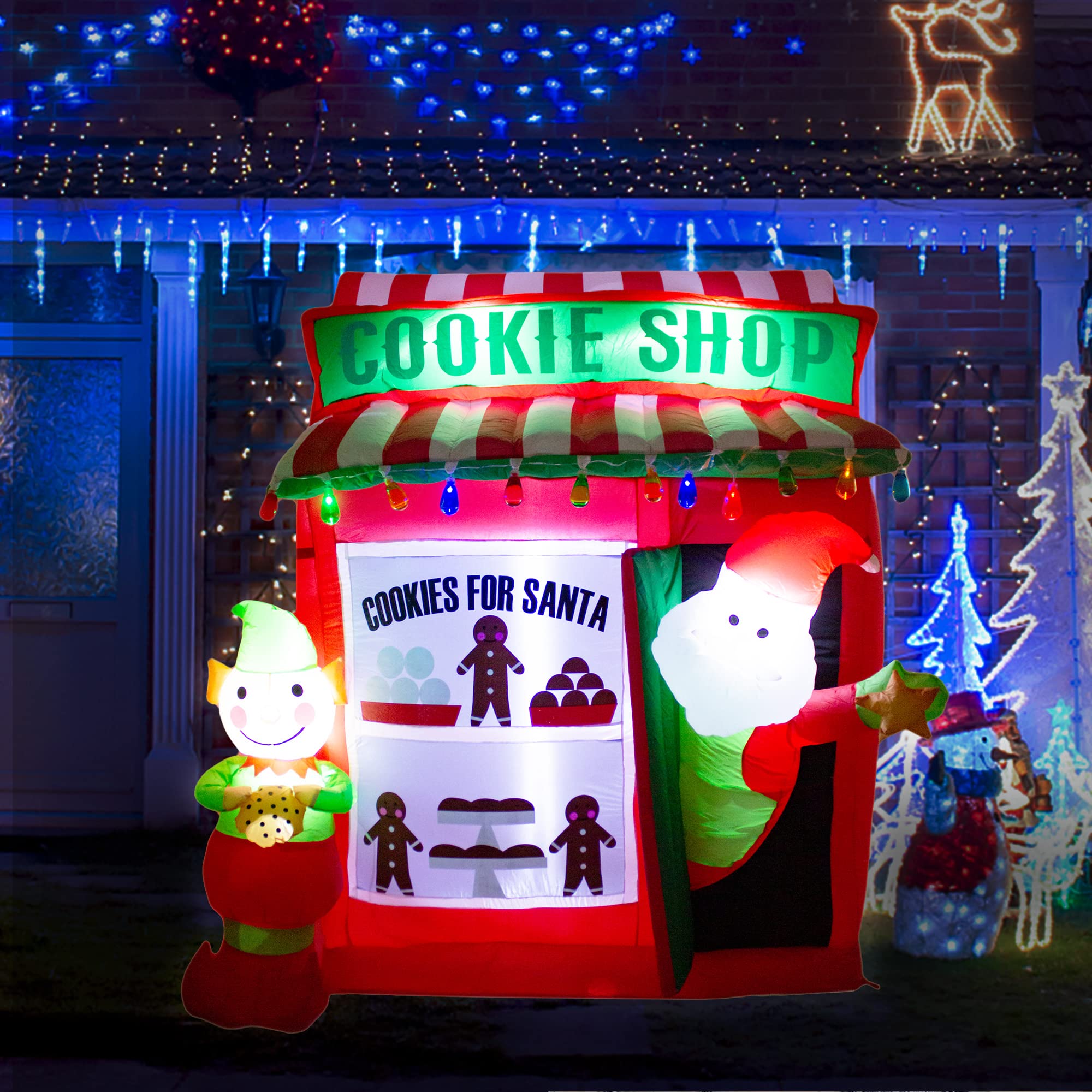 luxfcup 6FT Christmas Inflatable Santa Elf Cookie Shop Decoration with LED Lights Outdoor Yard Easter Blow Up Decorations Inflat
