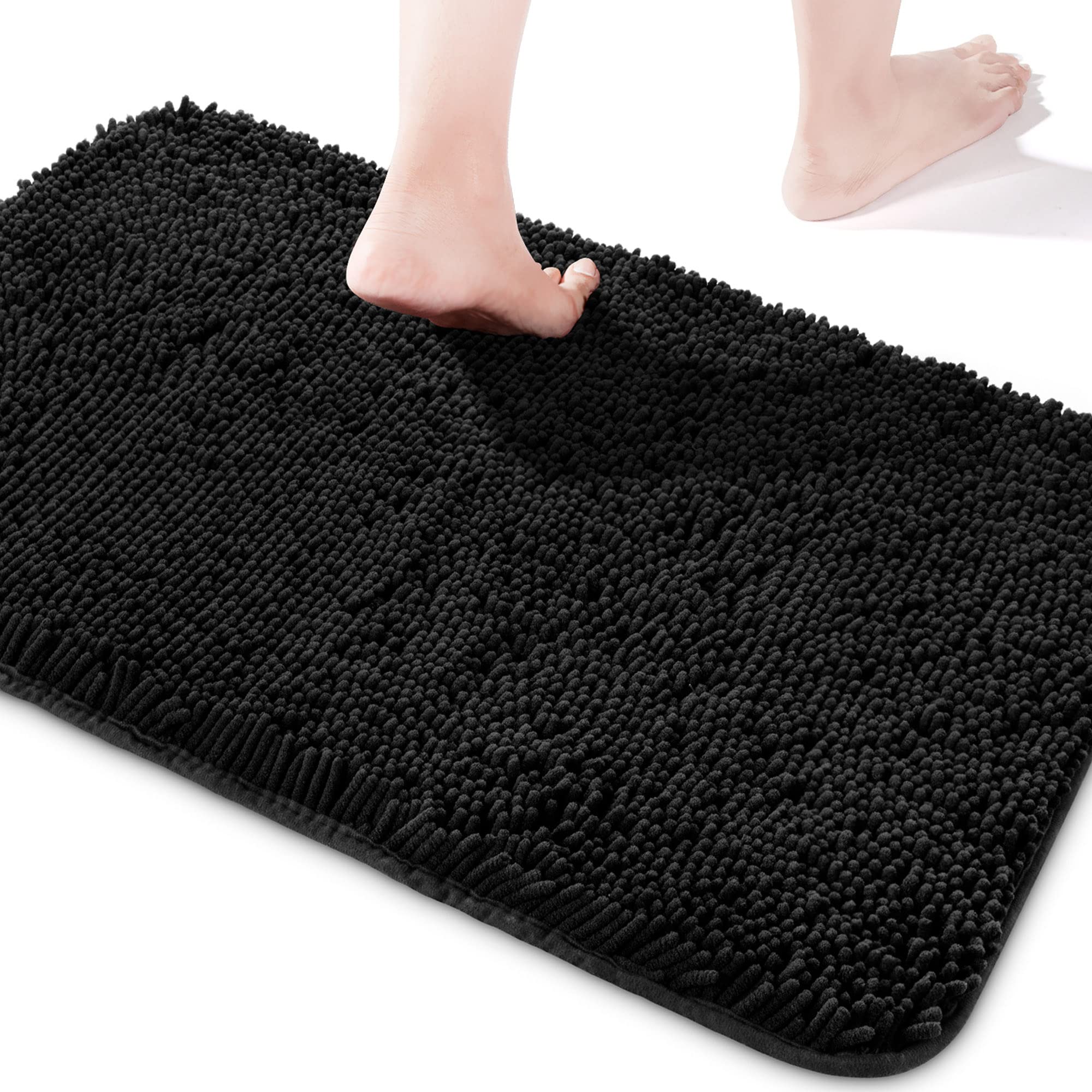Yeaban Chenille Bathroom Rugs Non-Slip Thick Plush Bath Mat - Absorbent Washable Bath Rugs For Bathroom Shower Sink Carpet (Blac