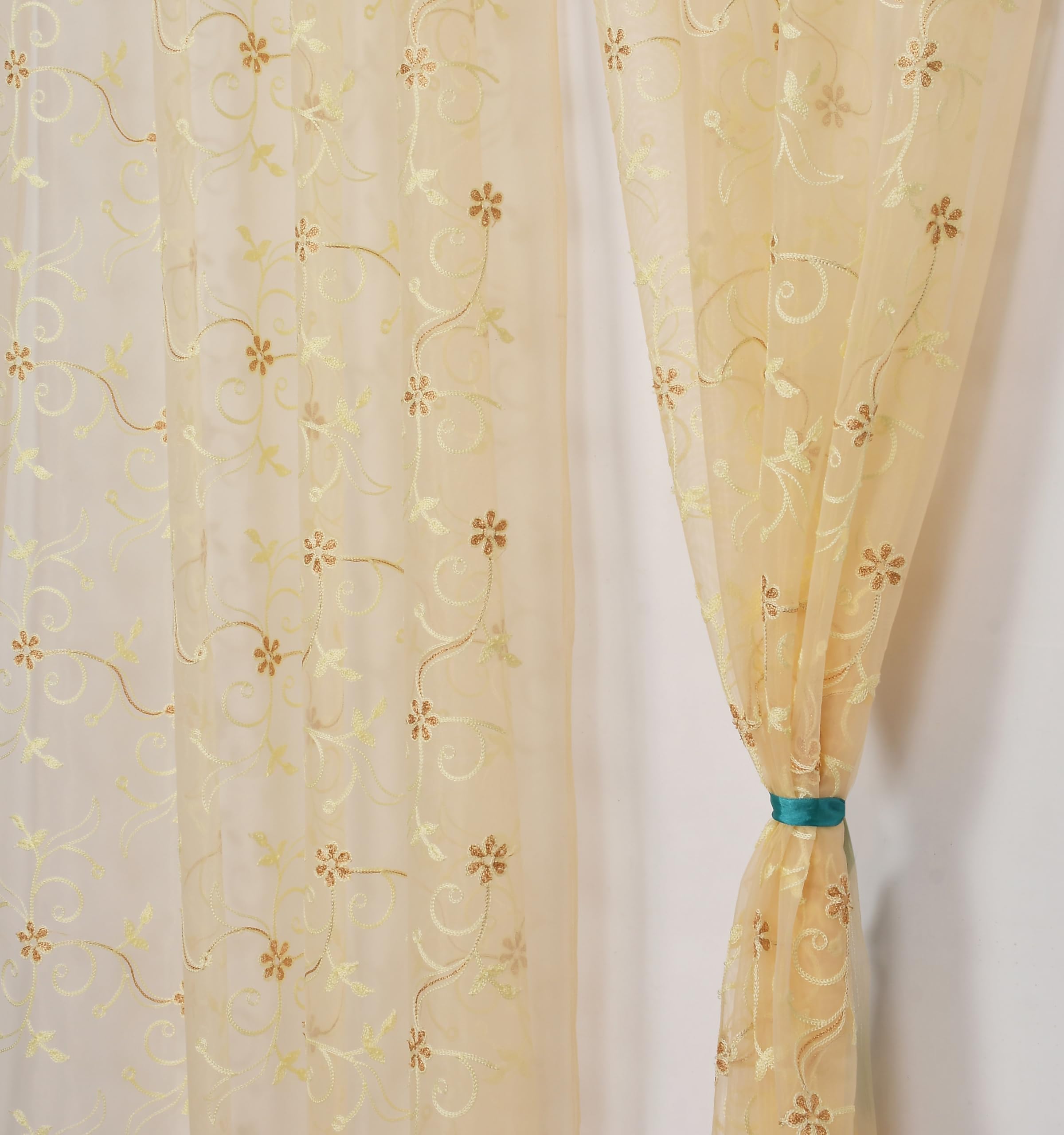 Fabrilia Floral Pattern Embroidery Tissue Net Sheer Transparent Curtains For Door 9 Feet Long Set Of 2, Cream