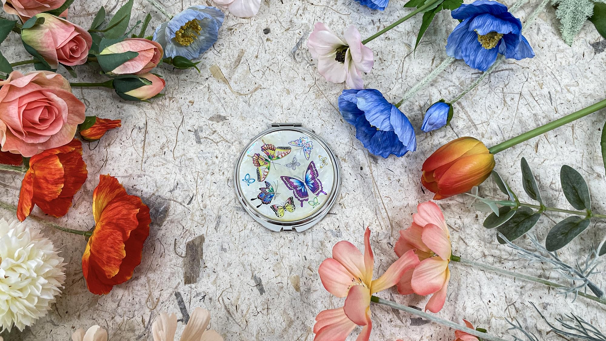 Nacreh Portable Makeup Compact Double Magnifying Mirror Cosmestic Foldable Pocket Style Unique Mother Of Pearl Design (Butterfly