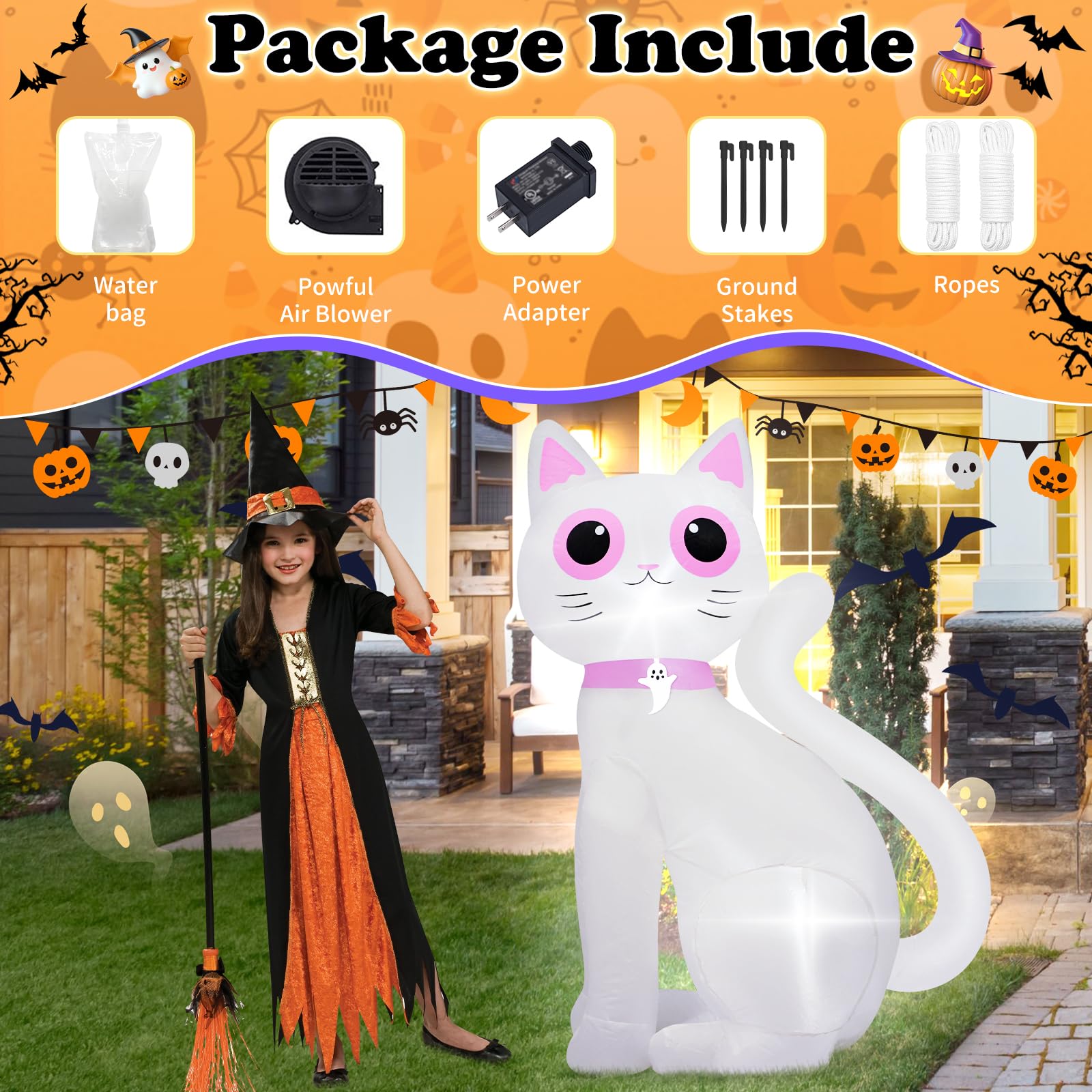 3.5FT Halloween Inflatable Decor White Cat with LED Lights Halloween Indoor Outdoor Blow Up Decorations Party Holiday Decor