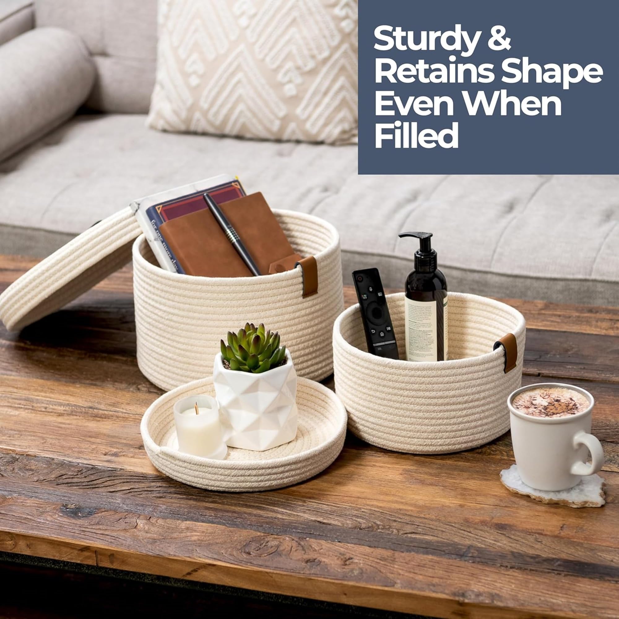 Denja & Co Set Of 2 Decorative Storage Baskets With Lids - Round Woven Baskets For Home Decor And Organizing - Small Shelf Baske