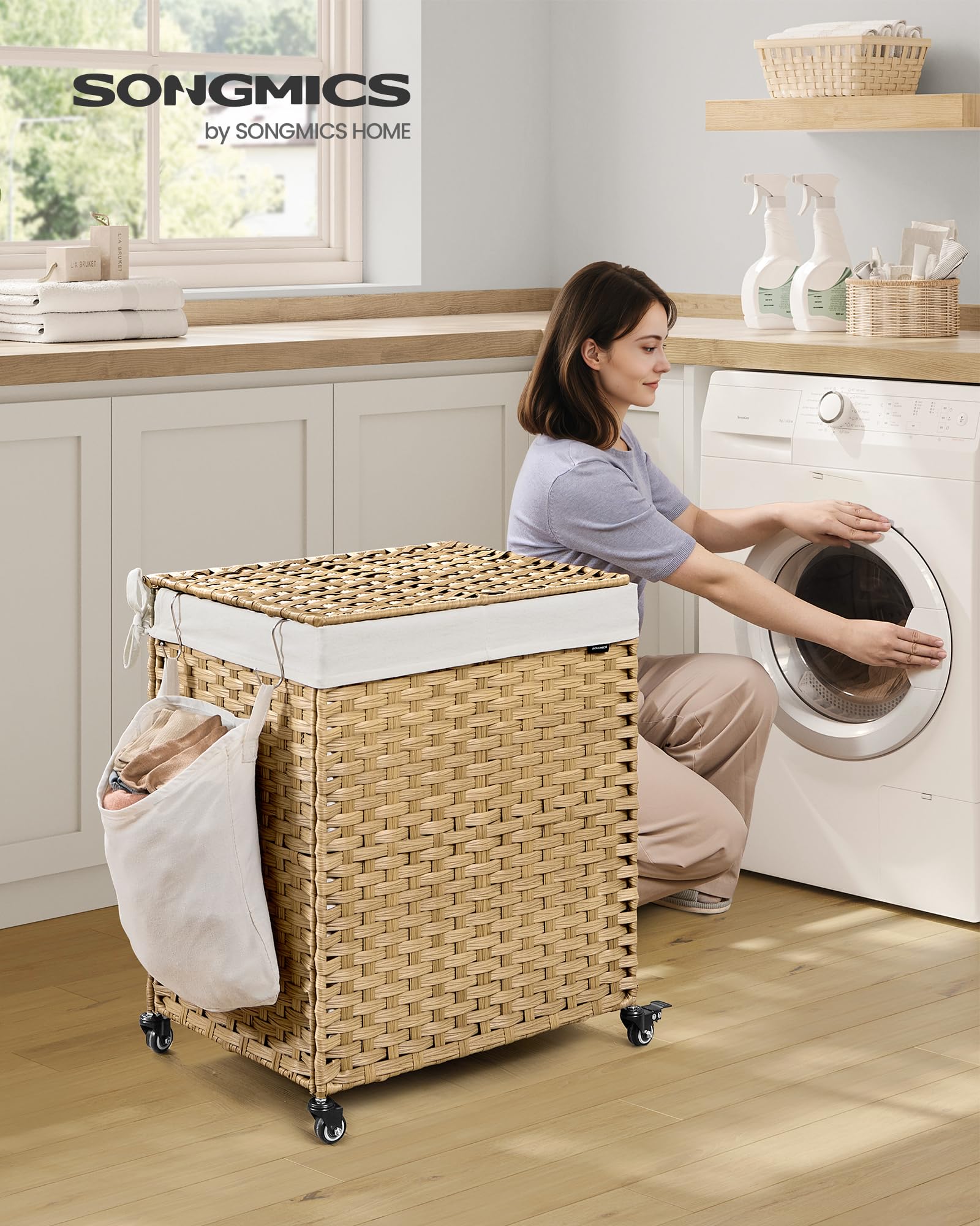 Songmics Laundry Hamper With Lid, 38.3 Gallons (145 L), Rolling Laundry Basket With Wheels, 2-Section Synthetic Rattan, Removabl