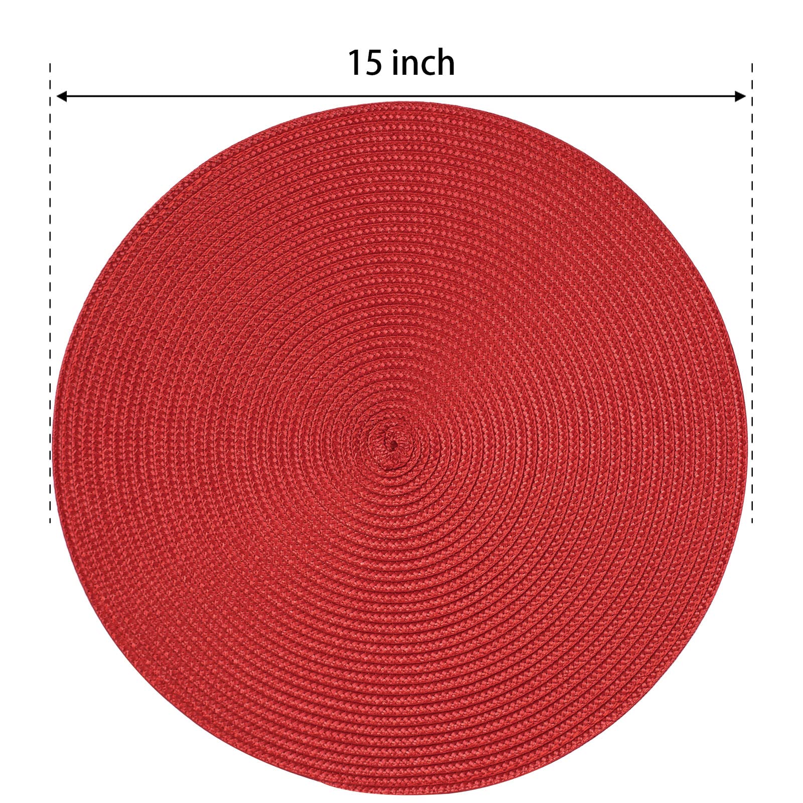 Funwheat Round Braided Placemats Set Of 6 Table Mats For Dining Tables Woven Washable Non-Slip Place Mats 15 Inch (Red, 6Pcs)