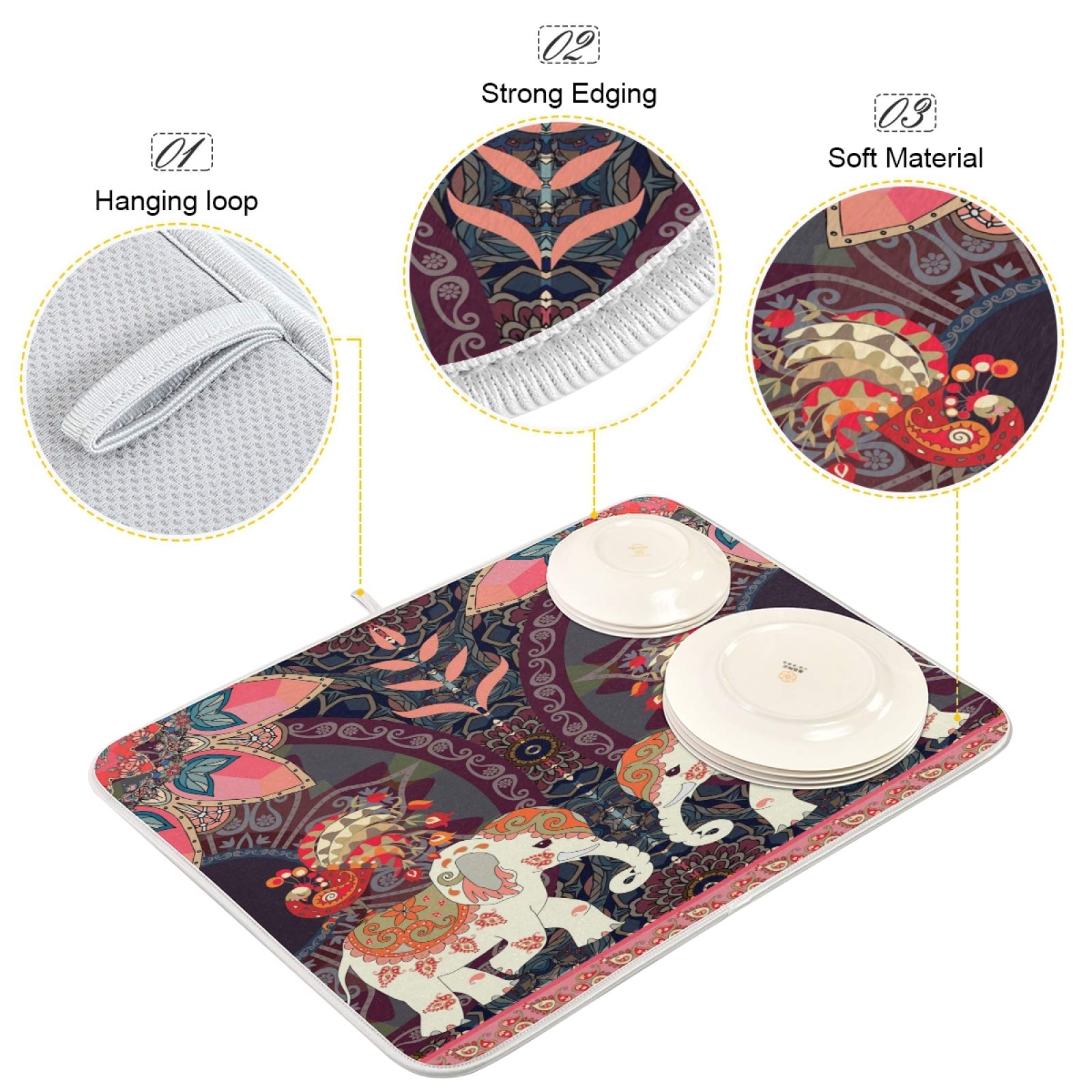 Zzwwr Vintage Indian Elephants Peacock Absorbent Dish Drying Mat, 16 Inch X 18 Inch Microfiber Kitchen Countertop Table Protecto