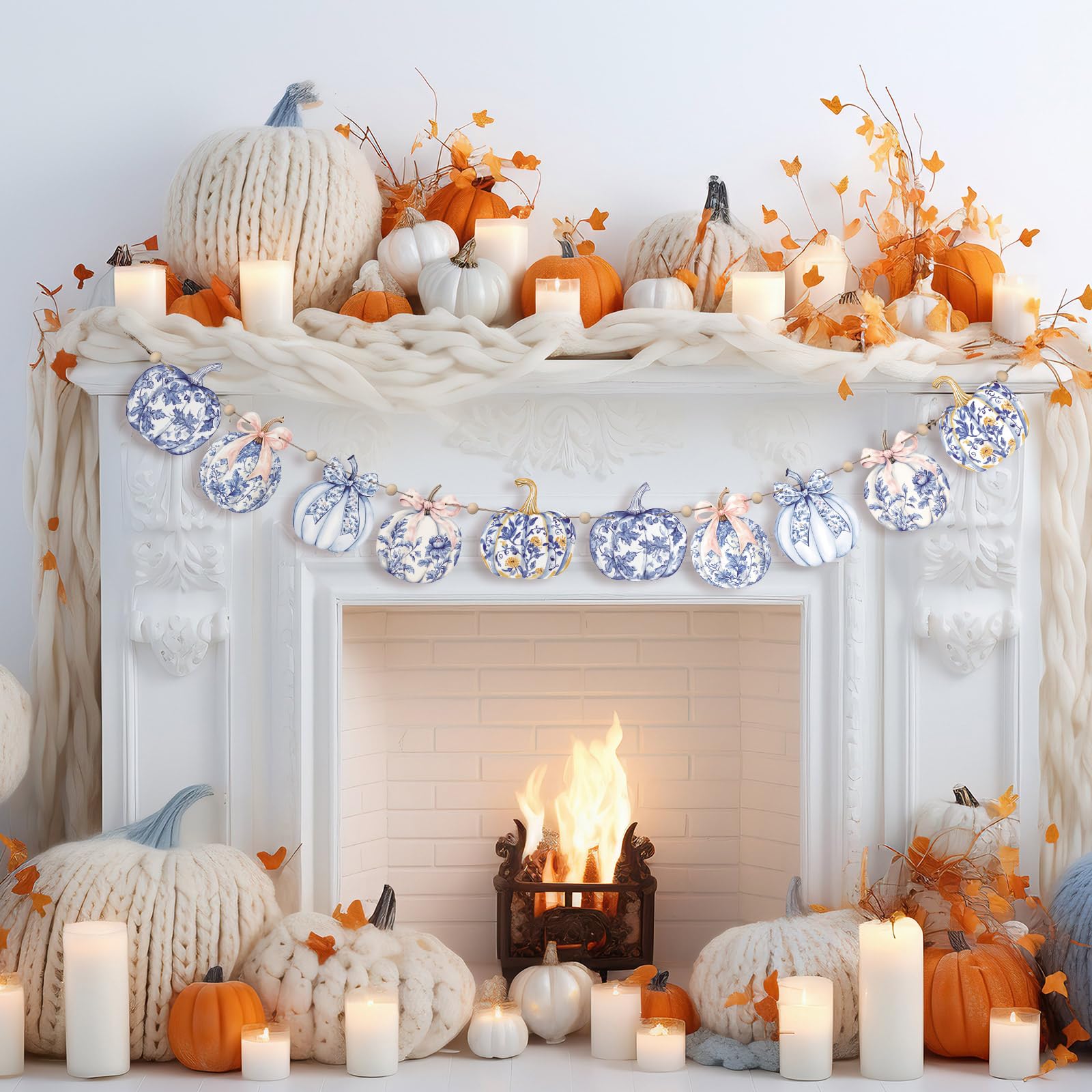 Cinnvoice 8.2 ft Fall Decorations Blue and White Porcelain Pumpkin Garland Wooden Bow Pumpkin Leaves Banner Chinoiserie Fall Ban