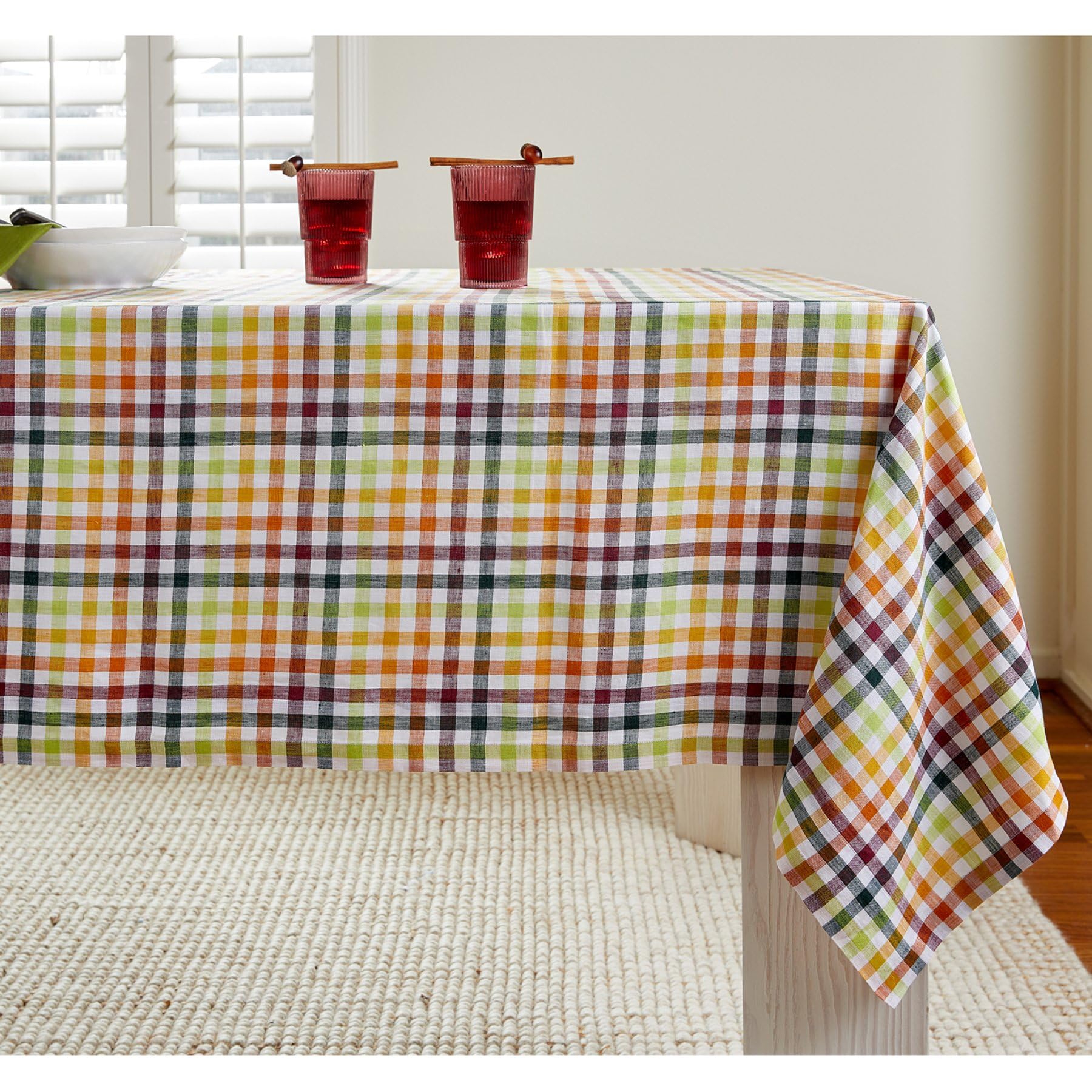 Solino Home Check Linen Tablecloth 120'' L X 60'' W Inch - 100% Pure Linen Multicolor Table Cloth For Rectangle Tables - Gingham