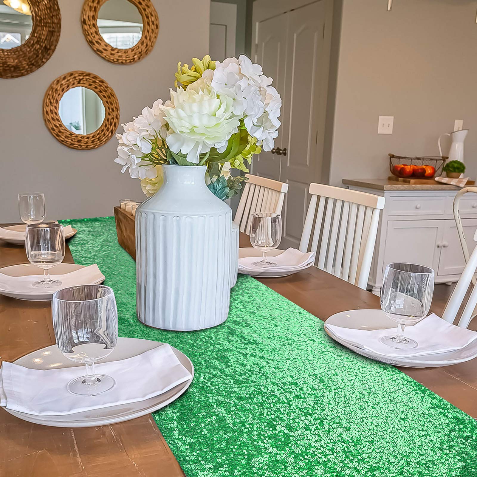 Tiosggd Green Sequin Table Runner, 2 Packs 14''X72'' Emerald Glitter Summer Table Decor Party Supplies For Birthday Bridal Baby