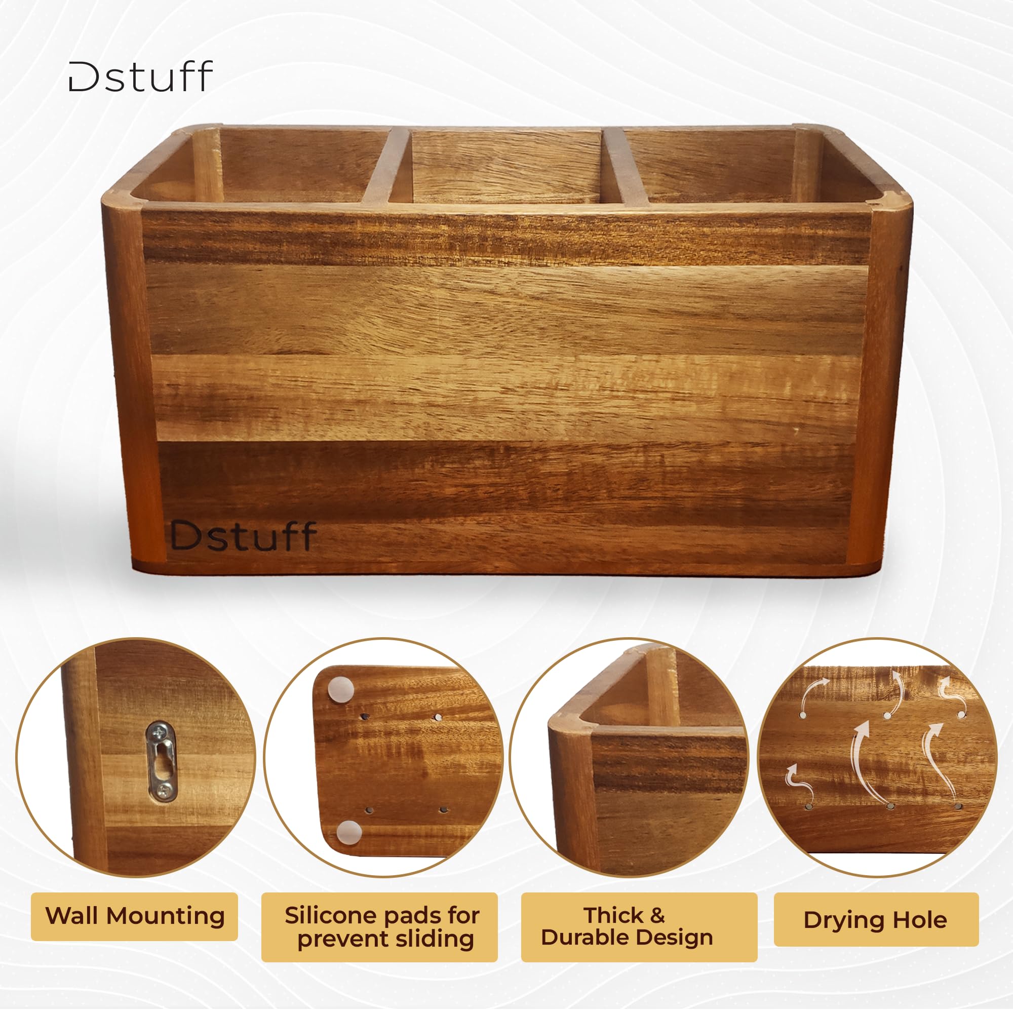 Dstuff Large Kitchen Utensil Holder Organizer For Counter Or Countertop, Large Wooden Utensil Holder For Storage Cooking And Sil
