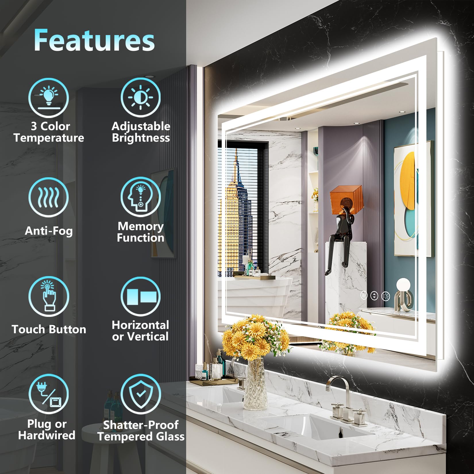 AWANDEE LED Mirror for Bathroom 48x30  Front and Backlit Bathroom Mirror with Lights  Anti-Fog Lighted Vanity Mirror Wall Mounted with 3 Colors  Dimmable  Memory  Shatter-Proof  Horizontal/Vertical