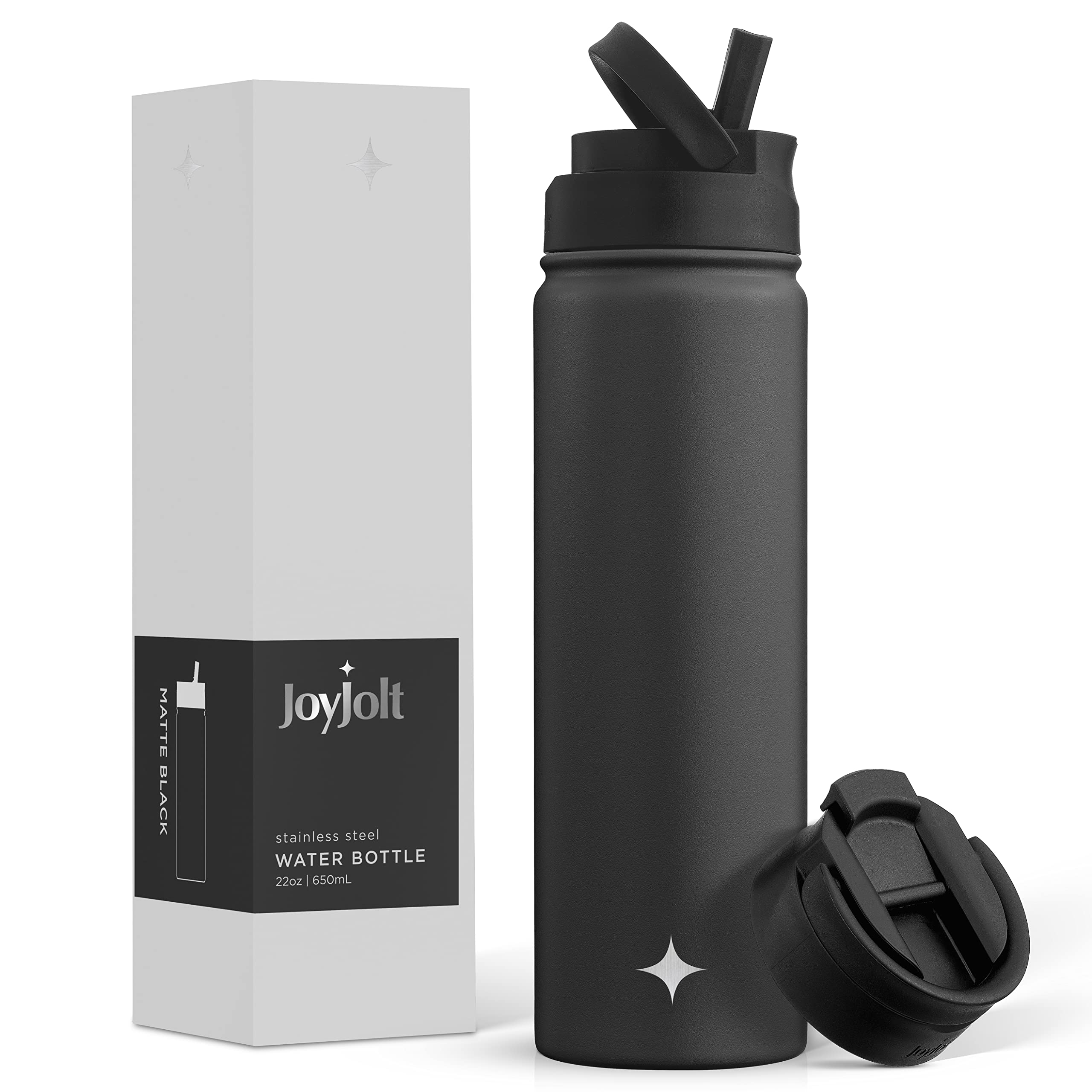 JoyJolt Triple Insulated Water Bottle with Straw Lid AND Flip Lid! 22oz Water Bottle, 12 Hour Hot/Cold Vacuum Insulated Stainles