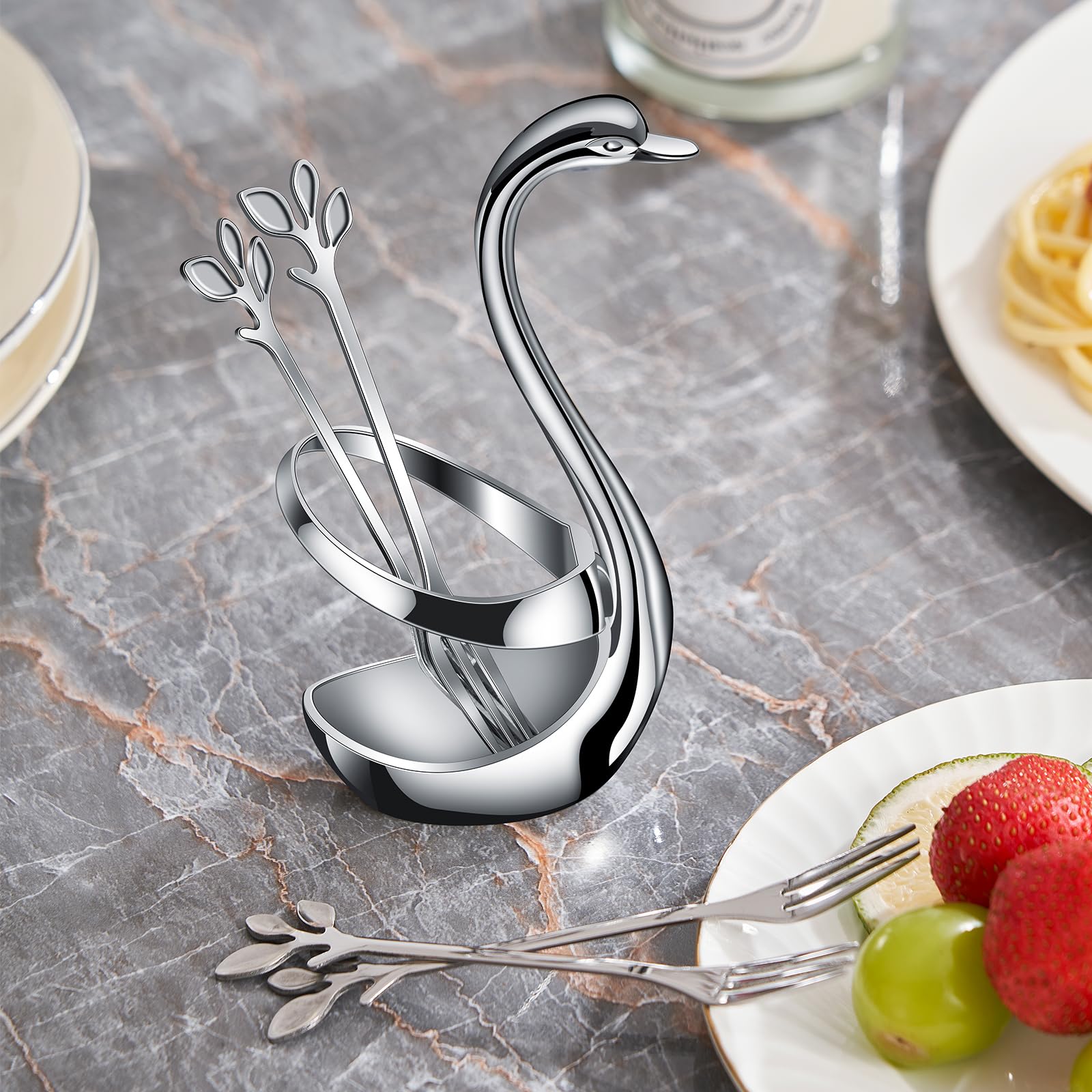 Ansaw Elegant Swan Base Holder Set With 10 Pcs Silver Leaf 4.7'' Stainless Steel Mini Forks For Appetizer, Fruit, Dessert, Cake