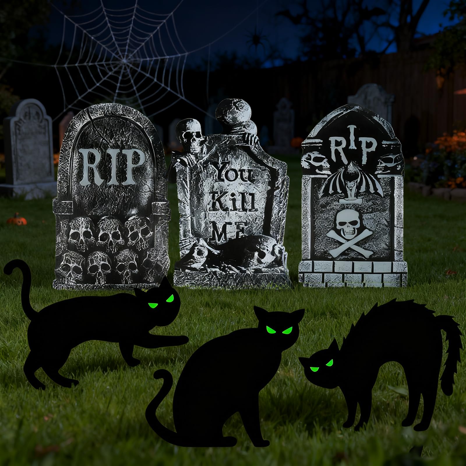 Fangoo 3 Pcs RIP Halloween Tombstone and 3Pcs Black Cat Yard Signs Halloween Gravestones Decorations Terrifying Halloween Outdoo