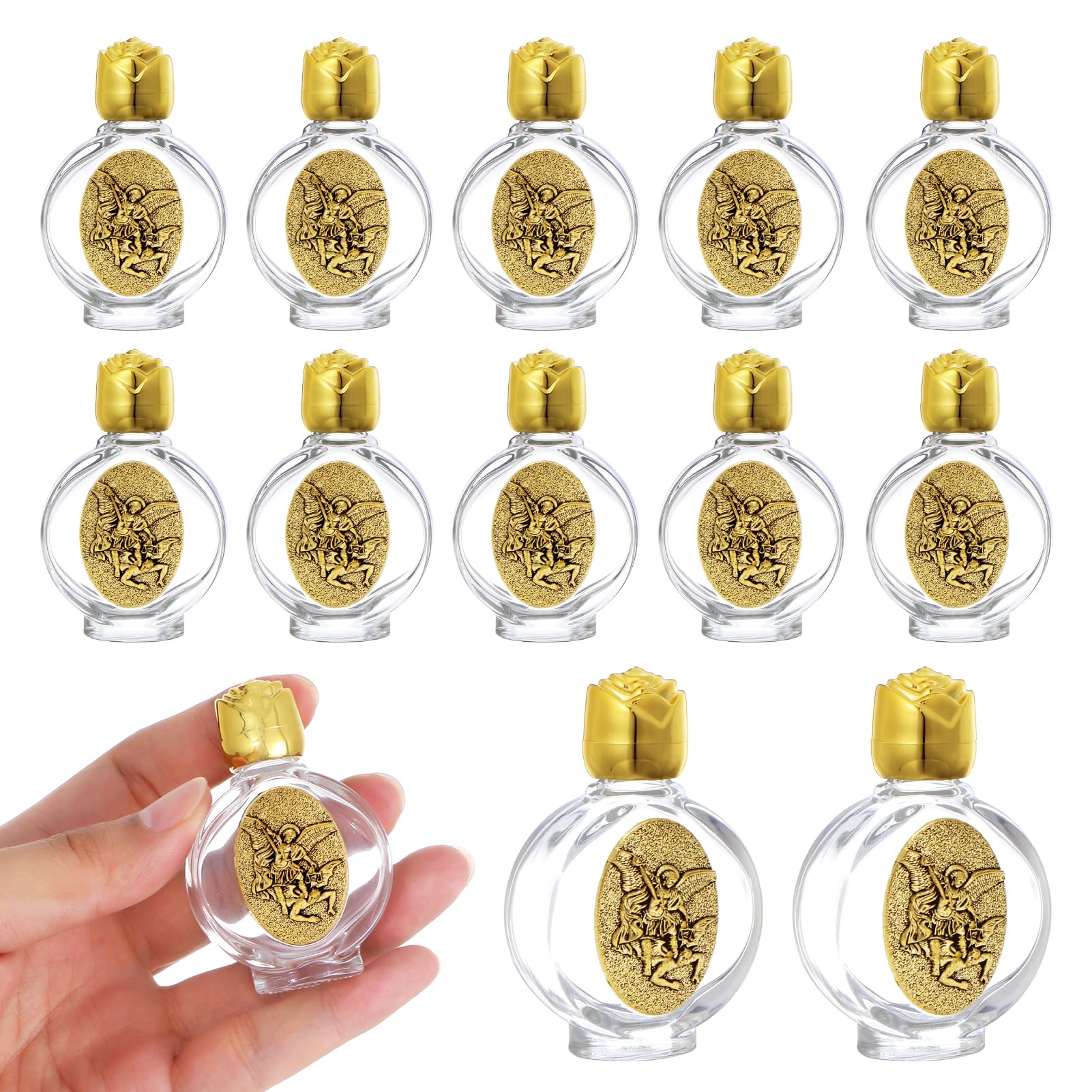 KOMI 12Pcs Glass Holy Water Bottle 0.5oz Holy Water Empty Mini Containers with Embossed St Michael Baptism First Communion Churc