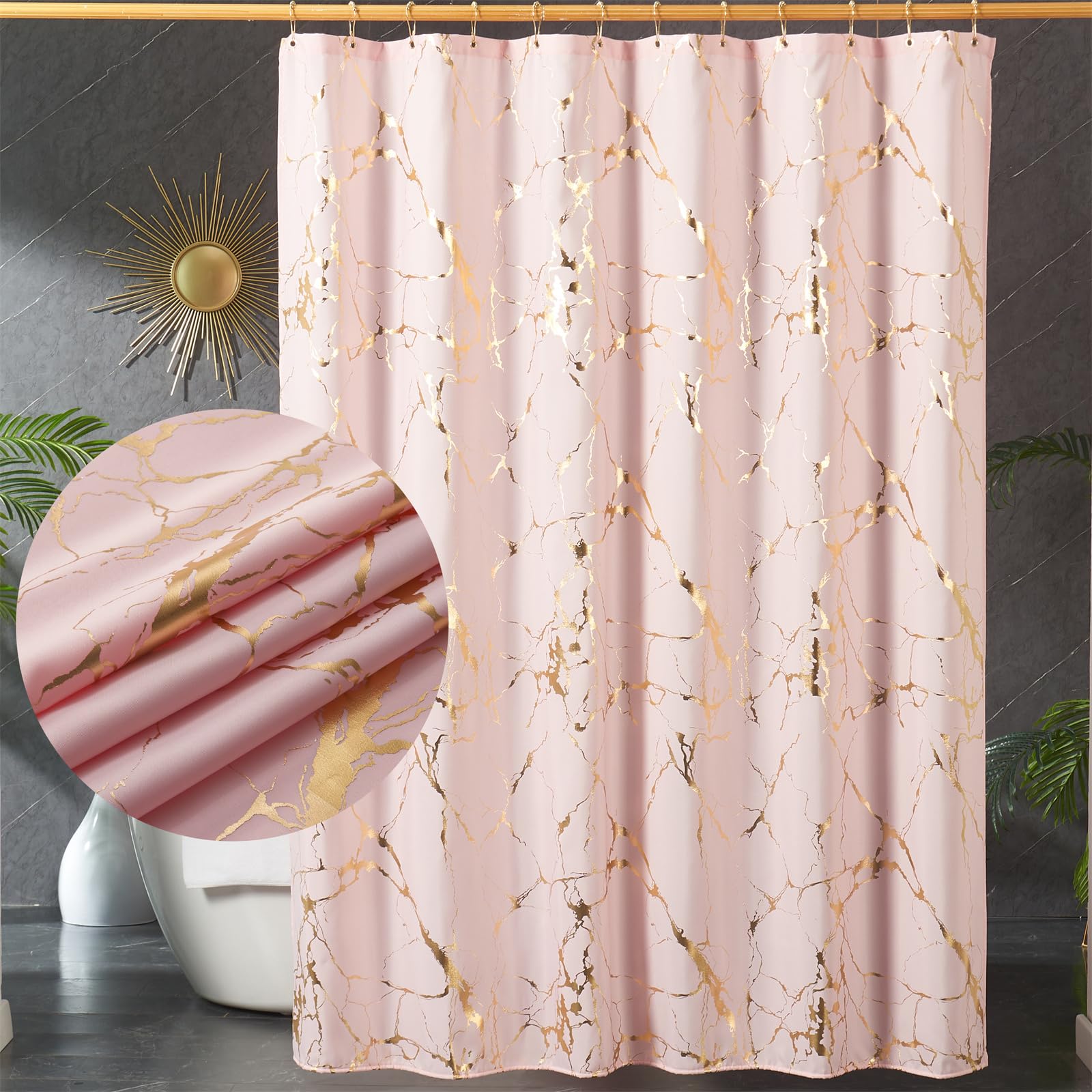 Pink Fabric Shower Curtain,Pink And Gold Marble Shower Curtains For Bathroom With Hooks,Unique Glitter Metallic Gold Foil Printe