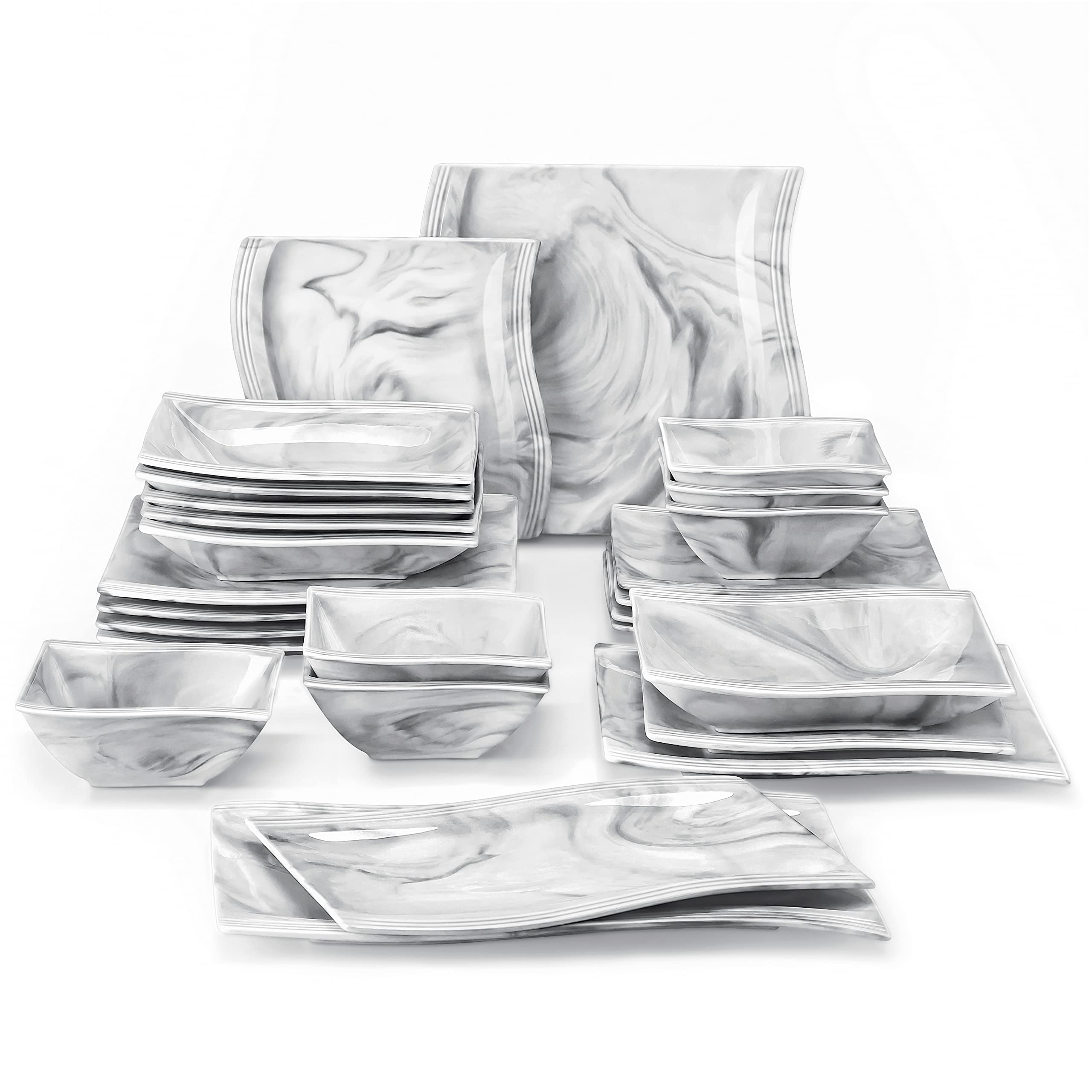 MALACASA 26 Pieces Dinnerware Sets for 6, Porcelain Plates and Bowls Sets, Square Dinnerware Set with Dinner Plates and Bowls, D