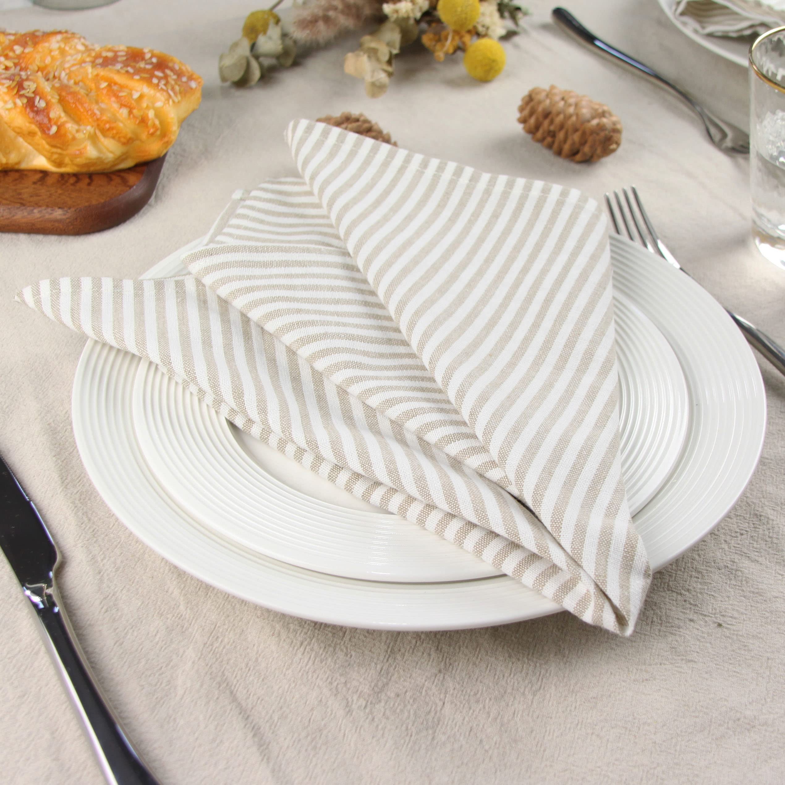 Infei Plain Striped Cotton Linen Blended Dinner Cloth Napkins - Set Of 12 (17 X 17 Inches) - For Events & Home Use (Beige)