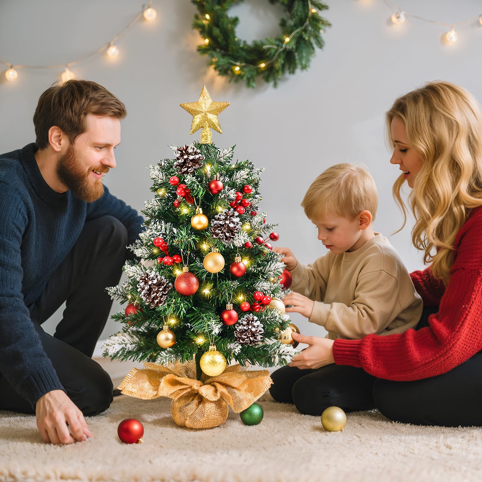 Mini Christmas Tree with Lights, 24 Inch Tabletop Christmas Tree with Berries Star Treetop Ornaments Balls Artificial Small XMS