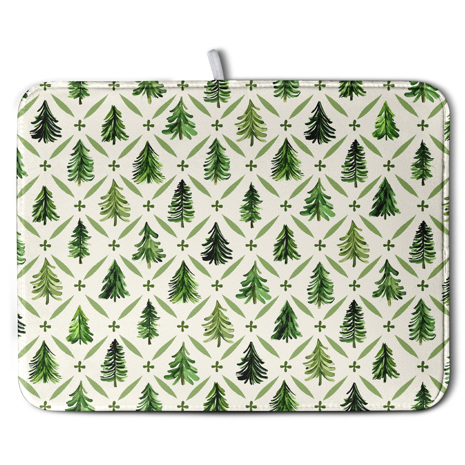 Wnoesat Christmas Dish Drying Mat for Kitchen Counter 18x24 Inch Sage Green Xmas Tree Drying Pad Winter Holiday Dish Draining Ma