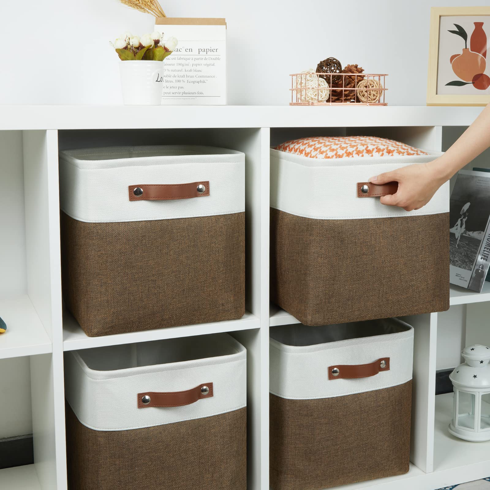 HNZIGE Fabric Baskets Storage Cubes Baskets Set(4 Pack) Large Cube Baskets for Shelves 13x13x13 Storage Cube Bins for Storage with Leather Handles for Home  Toys  Clothes  Kids Room  Closet Storage(White&Beige)