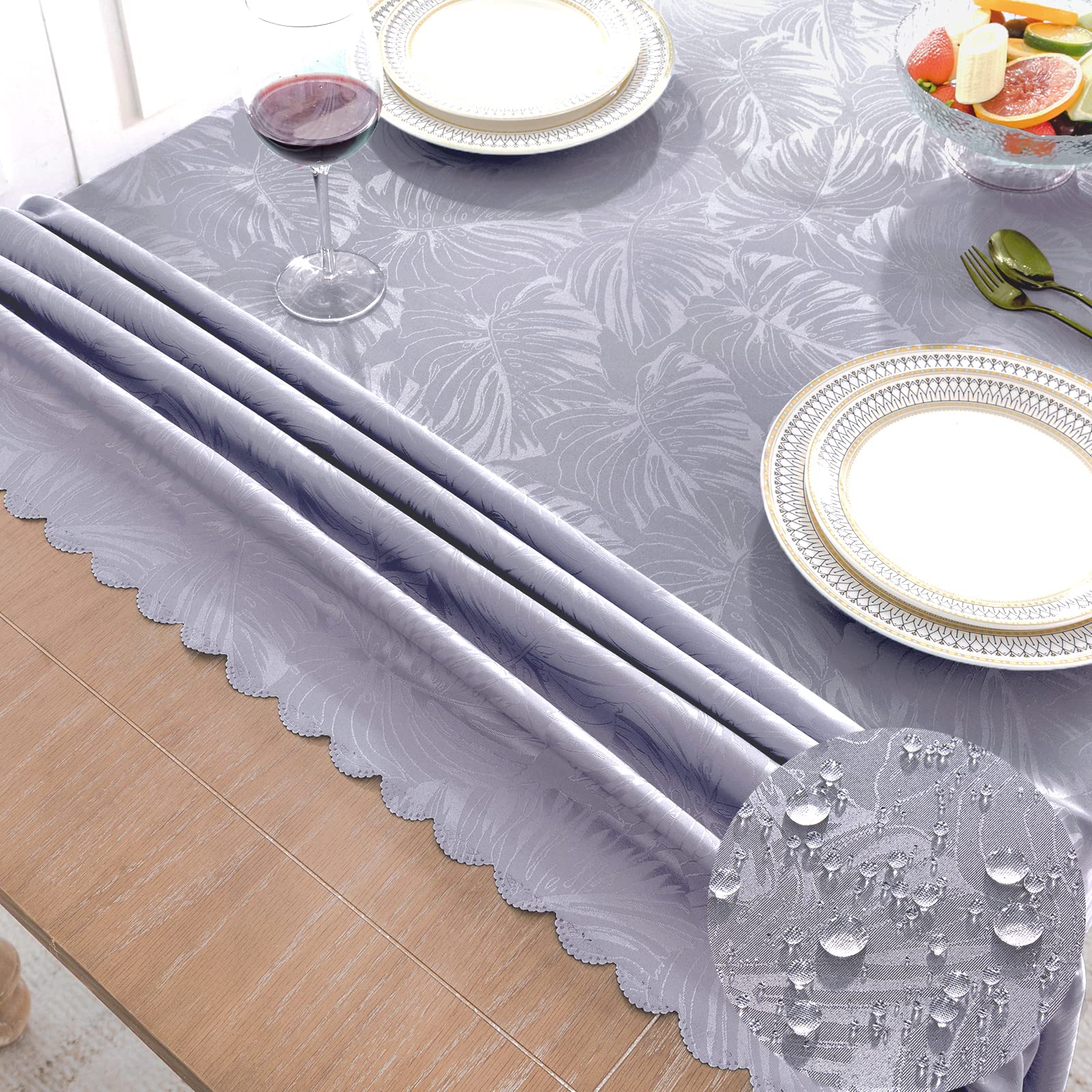 Efficinature Rectangle Tablecloths 60X102 Inch Waterproof Washable Grey Oblong Table Clothes For 6 Foot Tables Leave Pattern Sil