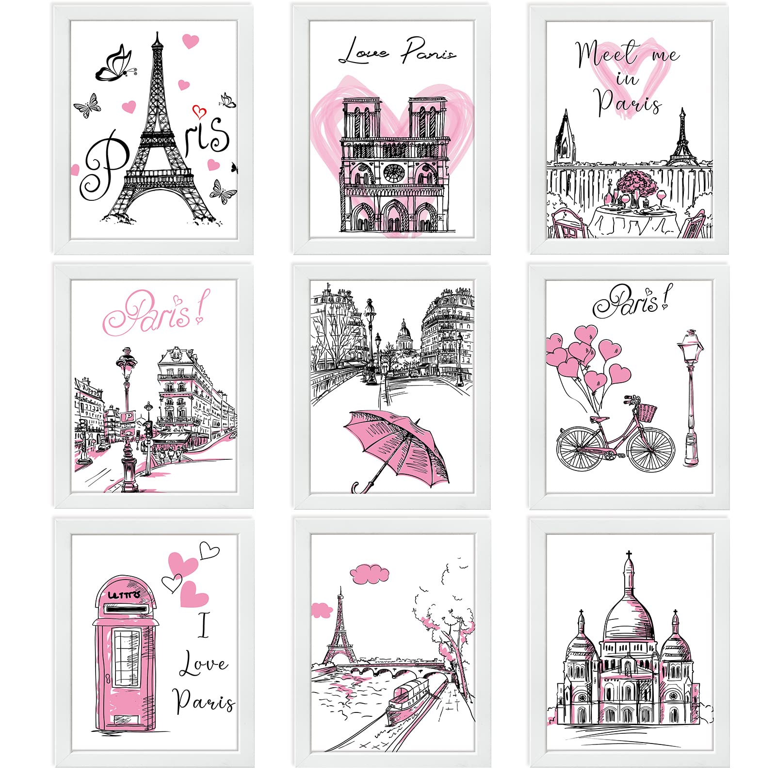 Spakon 9 Pieces Paris Bathroom Decor Paris Theme Wall Art Room Decor Romantic Pink Eiffel Tower Wall Art Bedroom Pictures