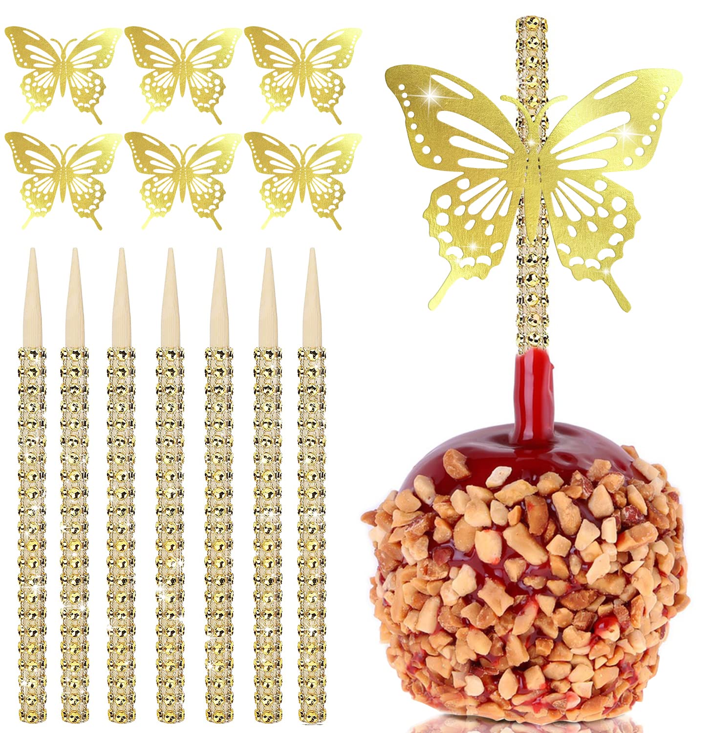 24 Pcs Bling Candy Apple Sticks With Butterfly Stickers, Caramel Apple Bamboo Wooden Pointed Skewers With Rhinestones Diamond Me