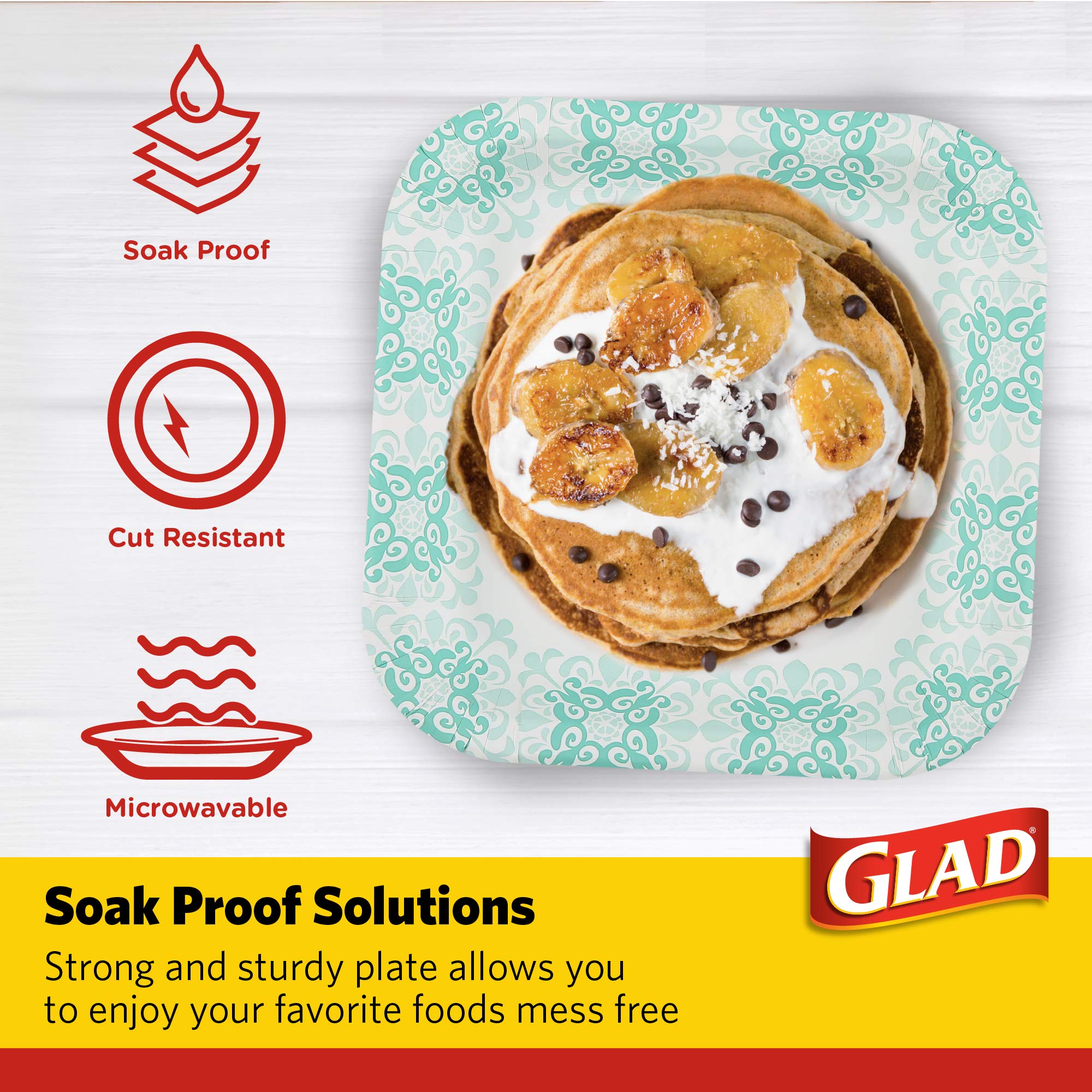 Glad Disposable Square Paper Plates With Aqua Victorian Design, 8.5 Inch Paper Plates | Heavy Duty Soak Proof Cut-Proof Paper Pl