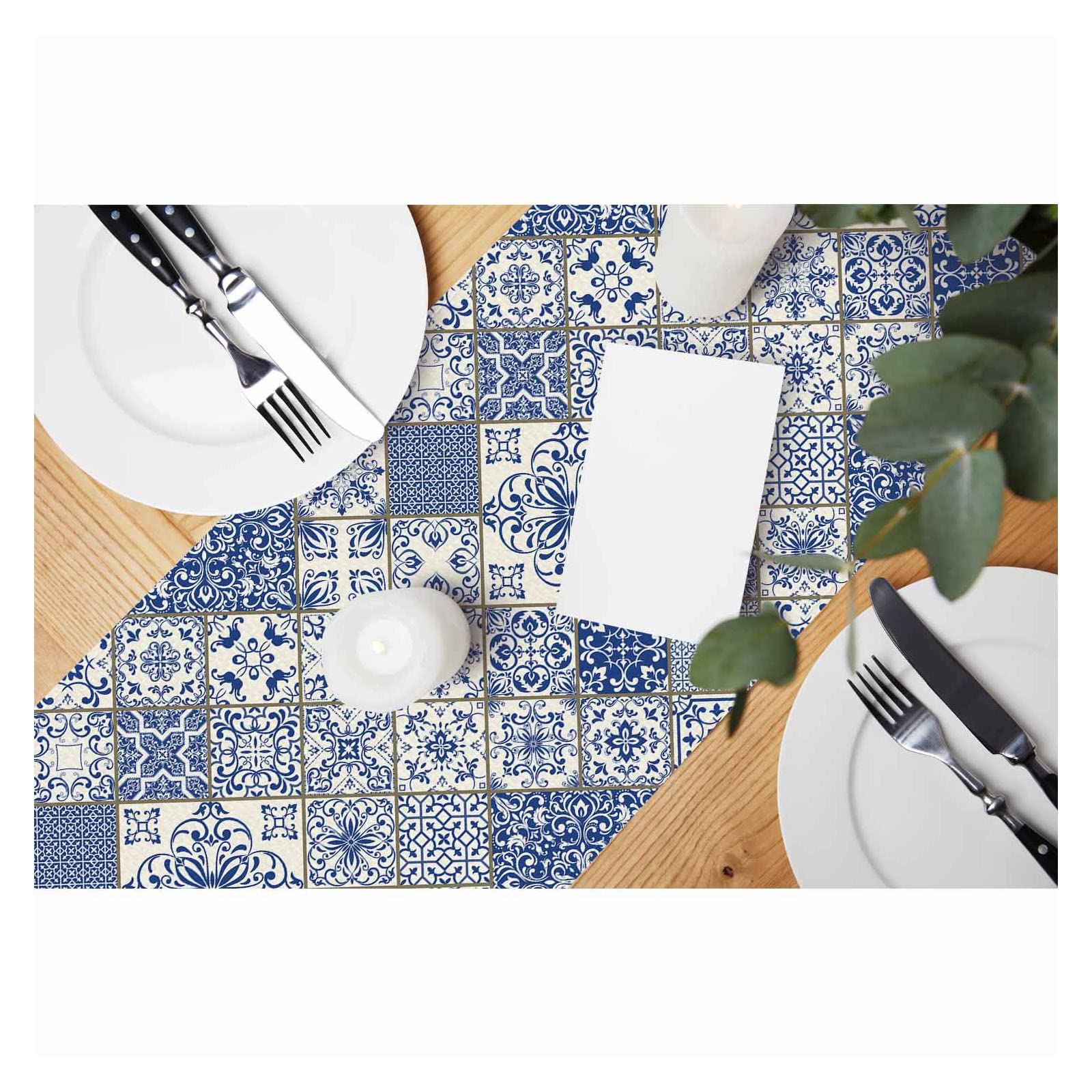Hosnye Table Runner Blue White Patchwork Tile In Spanish Style,Cotton Linen Table Runner Decoration For Kitchen Family Dinner Ta