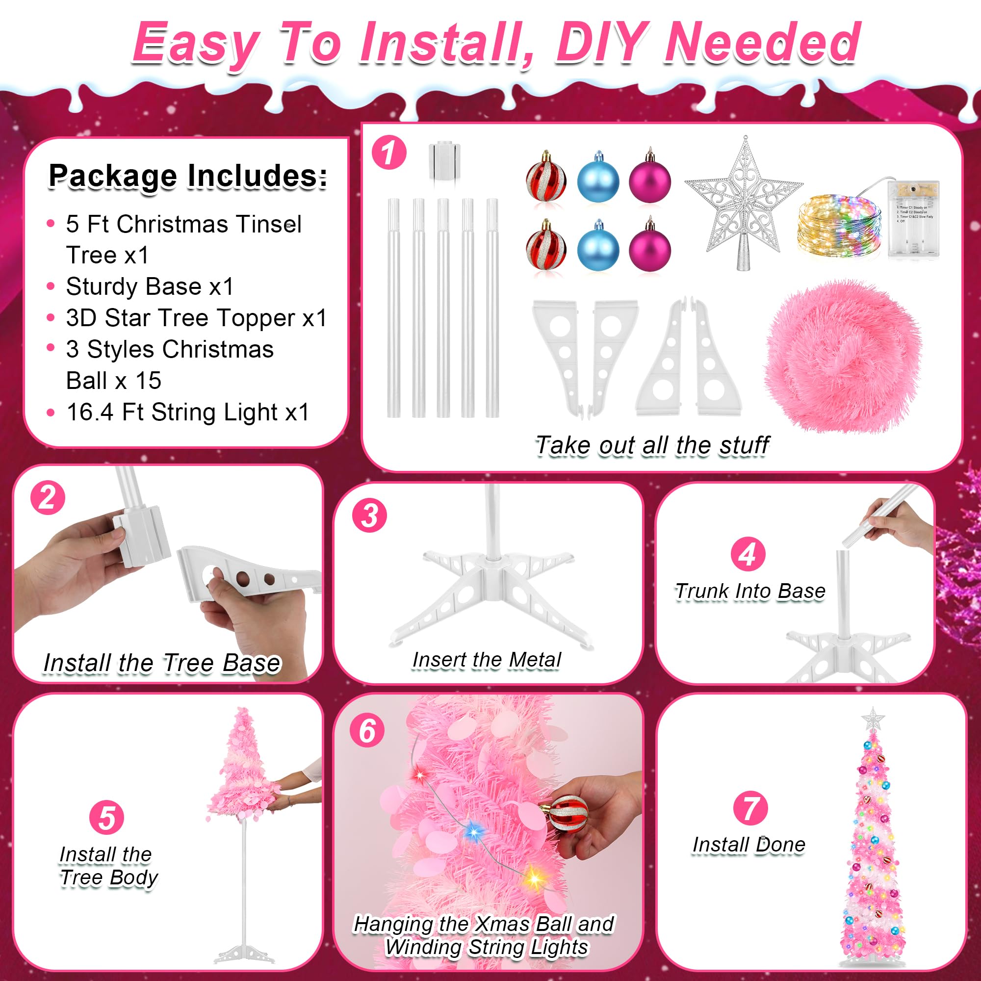 5FT Pop Up Christmas Tree with Timer 60 Warm White & Multi Color Fairy Light 3D Star 15 Ball Ornament, Pink White Tinsel Christm