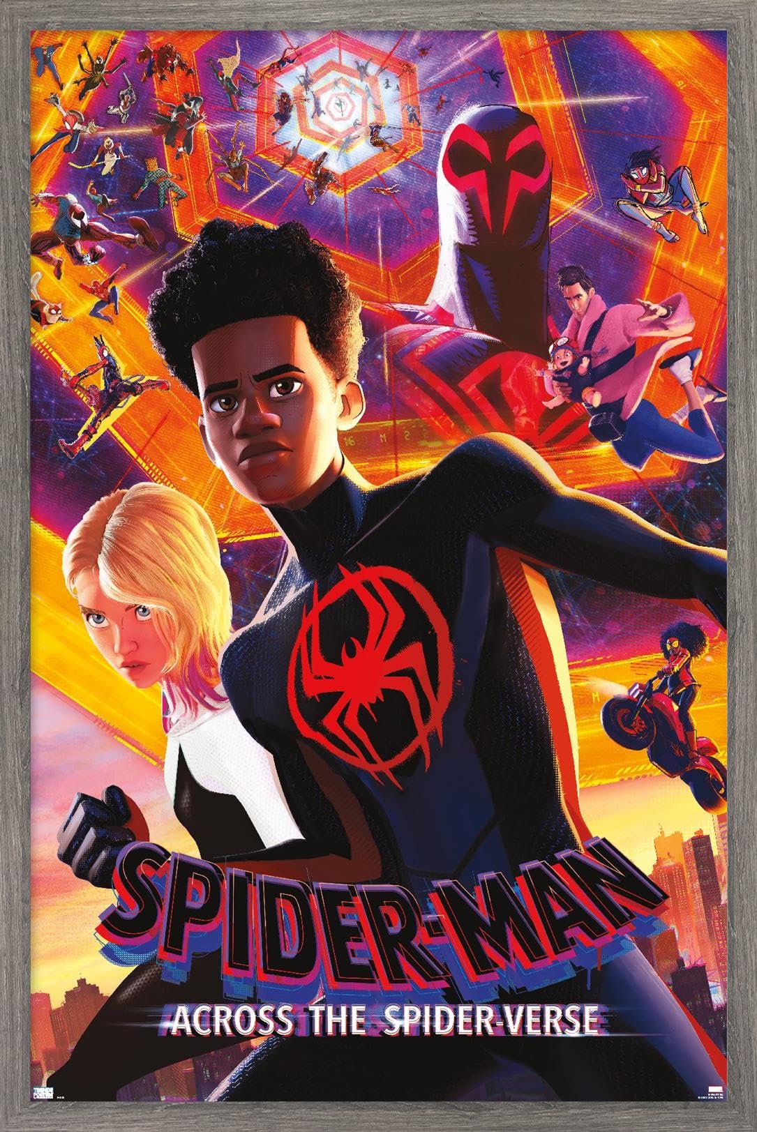 Trends International Marvel Spider-Man: Across The Spider-Verse - Group One Sheet Wall Poster, 22.37'' X 34.00'', Barnwood Frame
