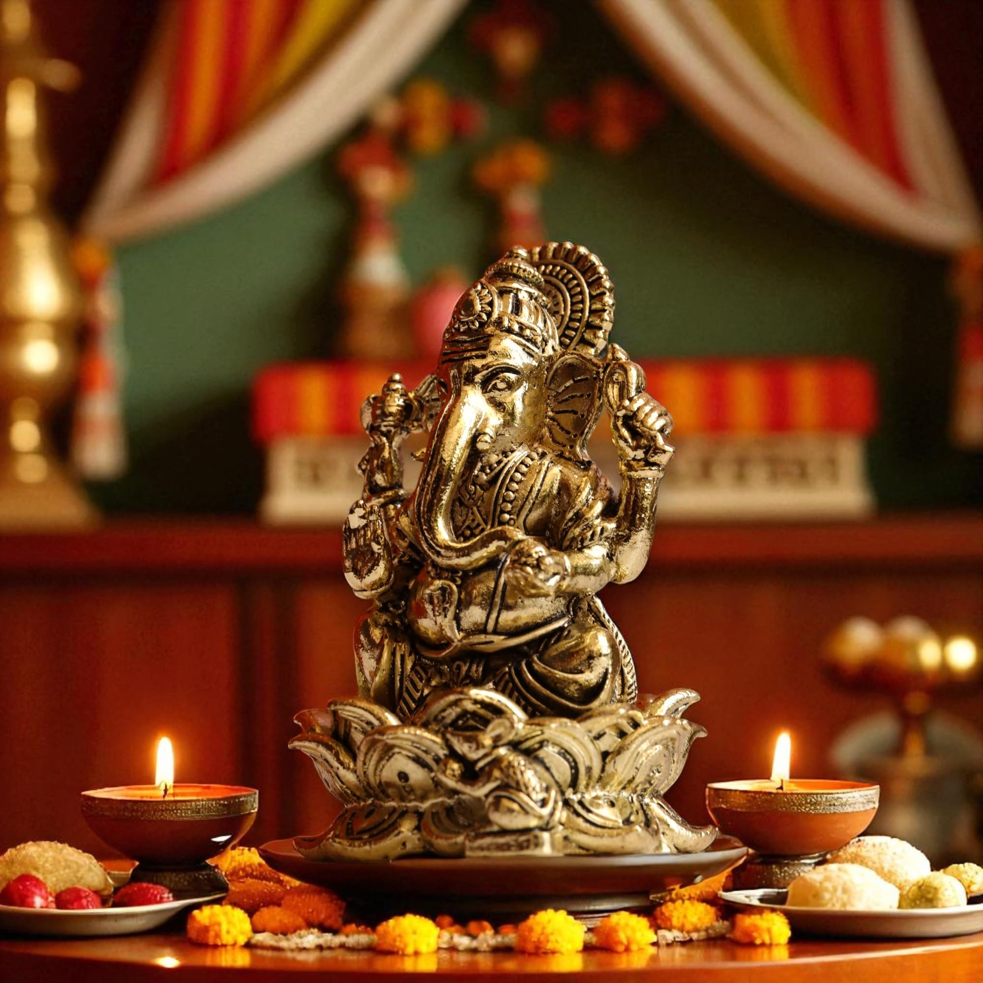 Raisom Antique Finish Pure Brass Ganesh Idol Sitting On Lotus | Mangalkari Ganapati God For Home Decor, Daily Use, Gifting, Hous