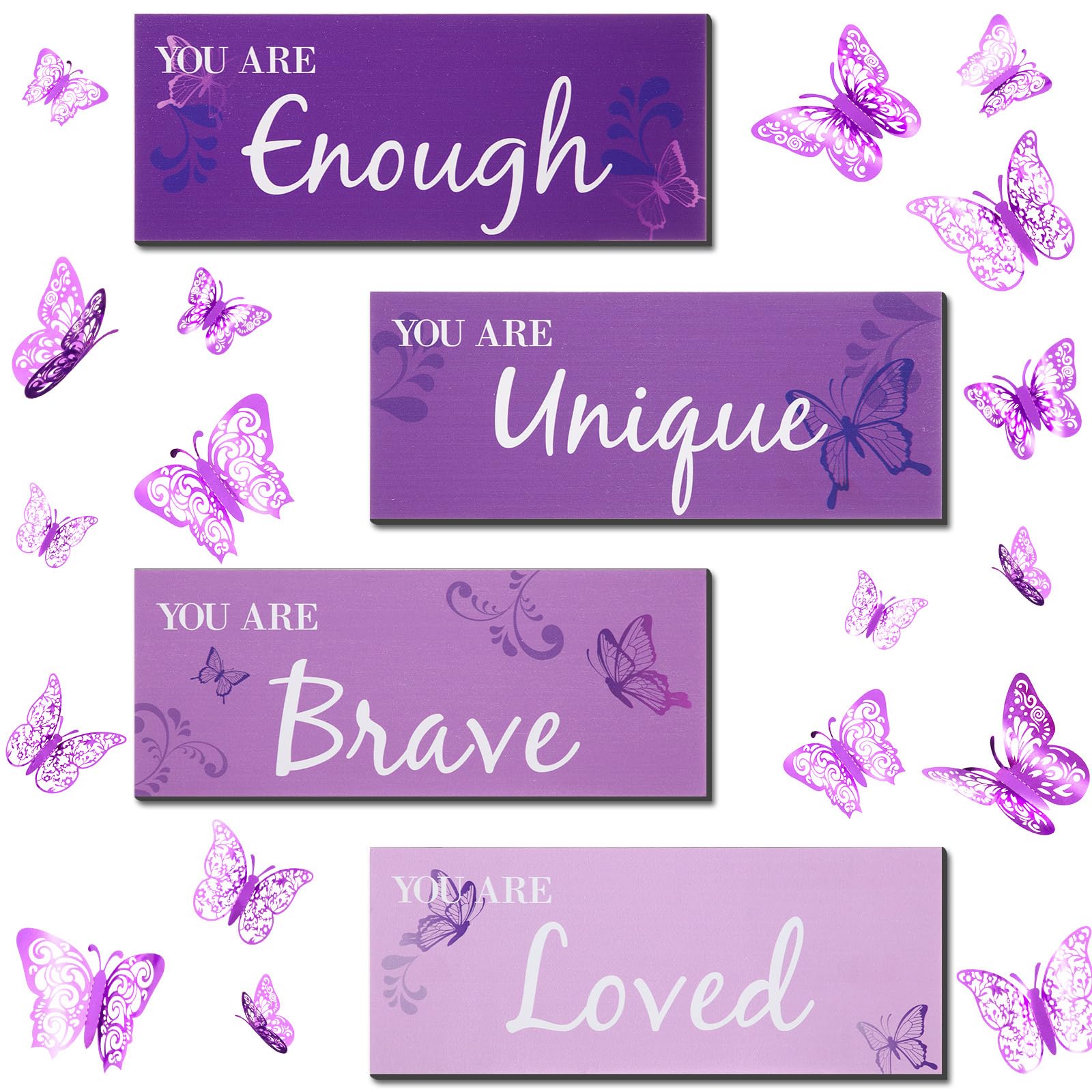 Blulu 4 Pcs Butterfly Inspirational Quotes Wooden Wall Decor and 3D Butterfly Wall Decor Girls Room Inspirational Gift for Teen 