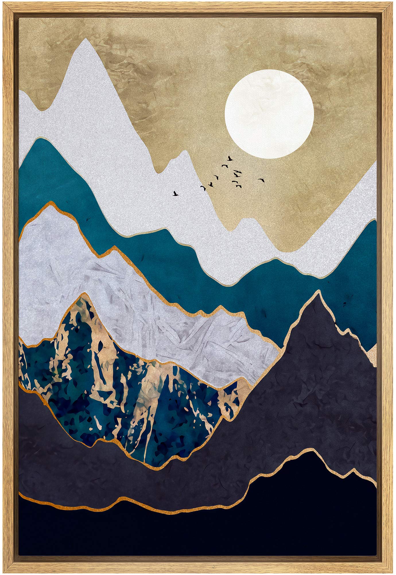 Signford Framed Canvas Print Wall Art Granite Mountains With Golden Mountain Outline Abstract Wilderness Illustrations Modern Ar