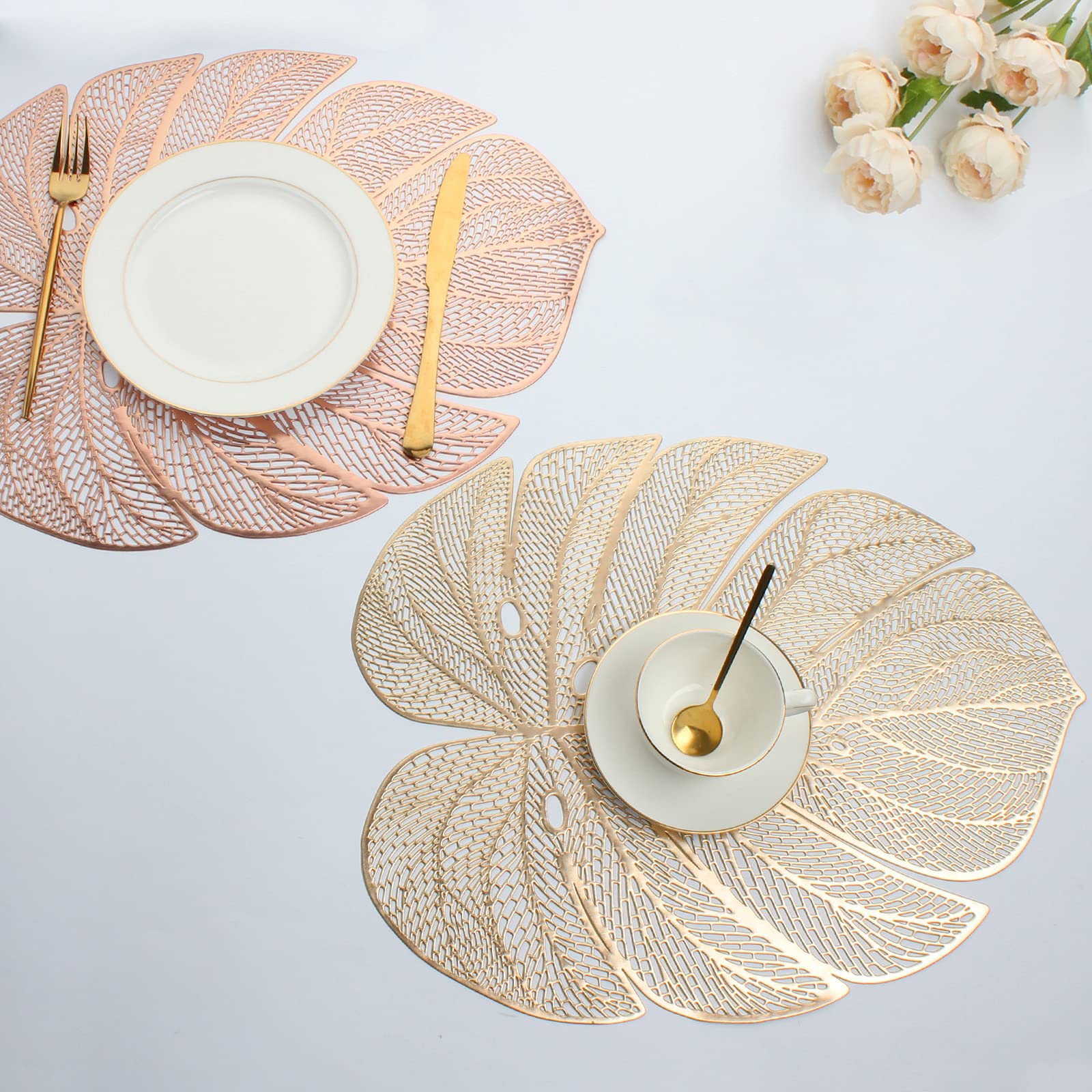 Evevda Gold Leaf Shaped Vinyl Placemats For Dinner Table Set Of 6 Metallic Plastic Gold Place Mats Wipeable 6Pcs Table Mats For
