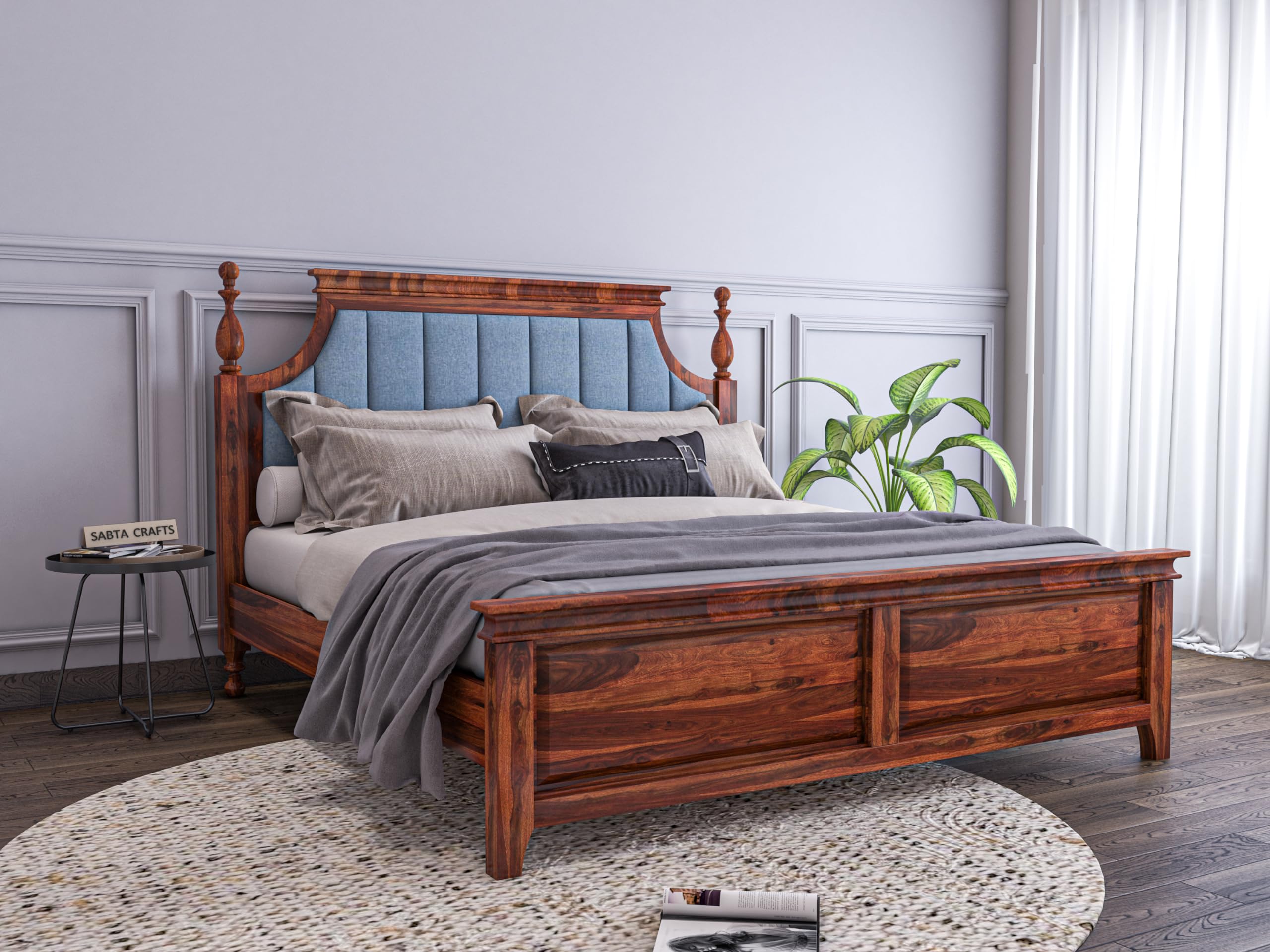 Sheeshamwallah Wooden King Size Bed Without Storage | Low Height Cot With Blue Upholstered Cushion Headboard | Solid Wood Sheesh