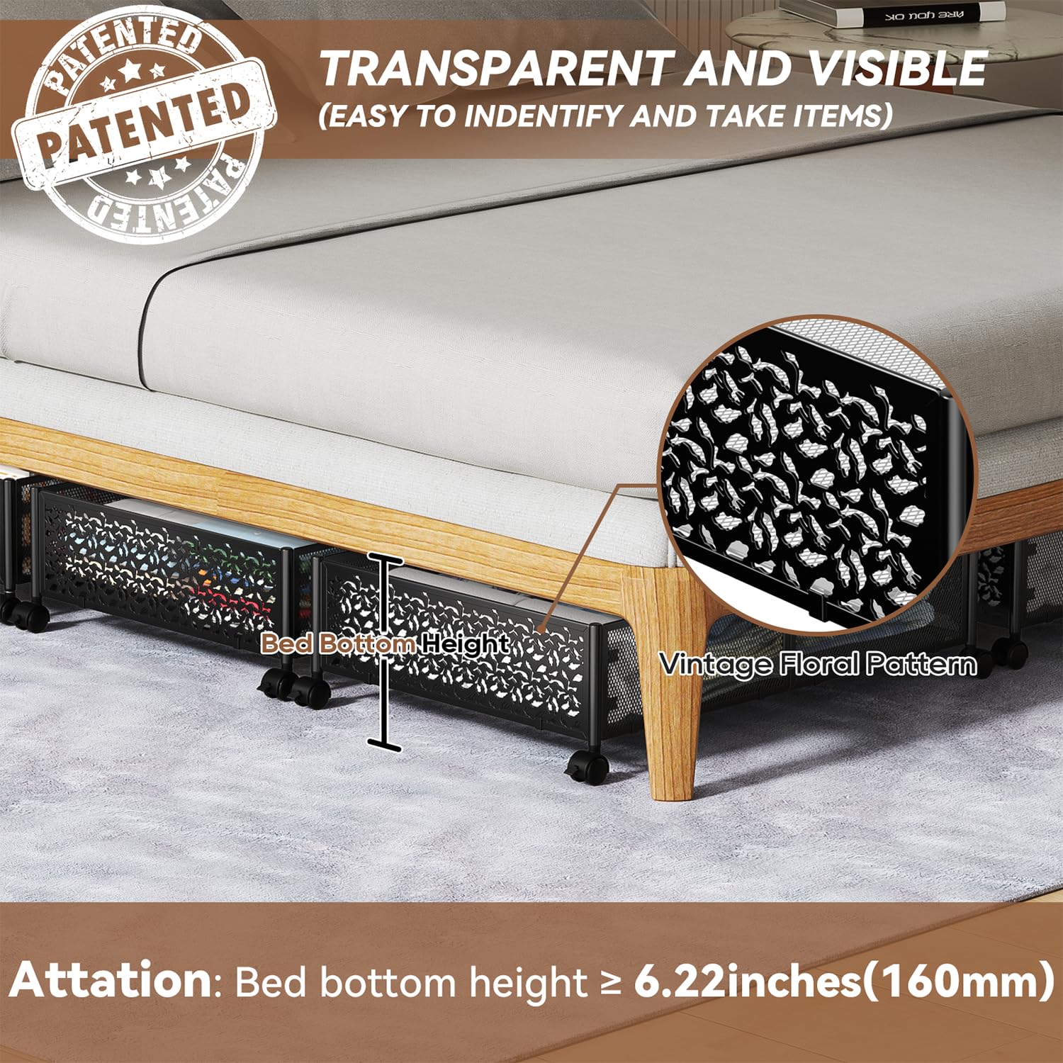 Under Bed Storage Containers with Wheels, Under Bed Shoe Storage Organizer Drawer, Tool-free Assembly Metal Storage Containers f