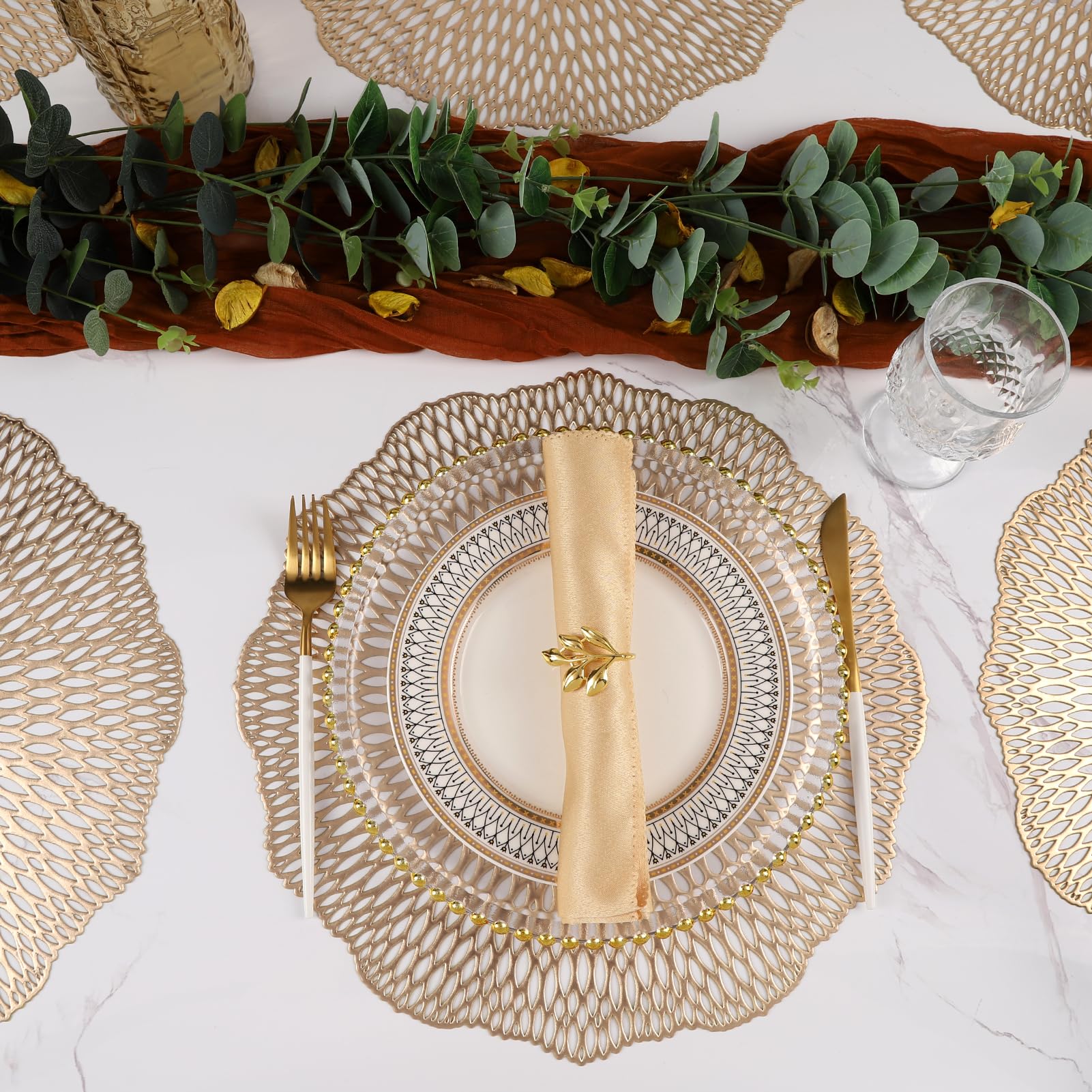 Mabbcoo Placemats Set Of 6, Round Placemats Gold 15 Inch Washable Vinyl Place Mats Dining Table Mats For Anniversary Wedding Par