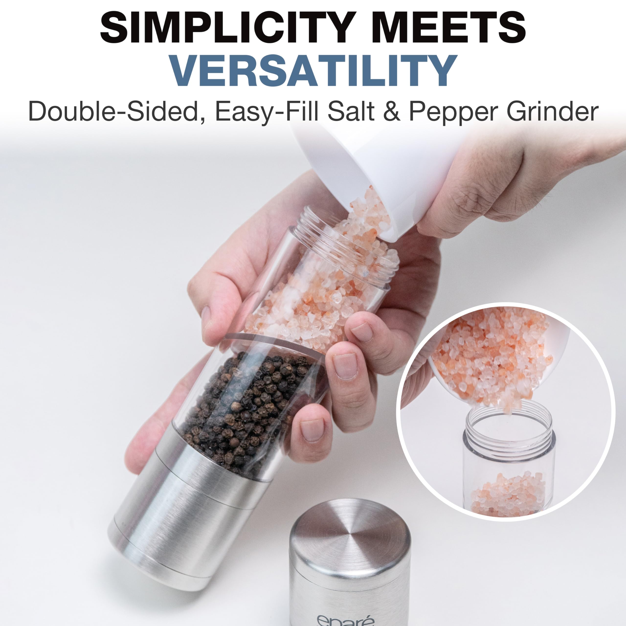 Eparé 2 in 1 Salt and Pepper Grinder Combo – Manual Stainless Steel Mill, Pink Himalayan Salt, Model EPSPM006