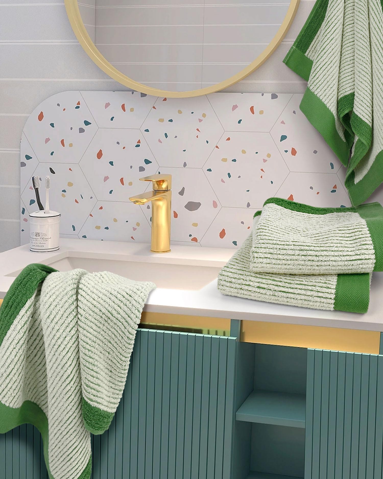 Cleanbear Green Hand Towels For Bathroom, 4 Pack Cotton Towels With Jacquard Weave Deign For Both Decoration And Daily Usage, 28