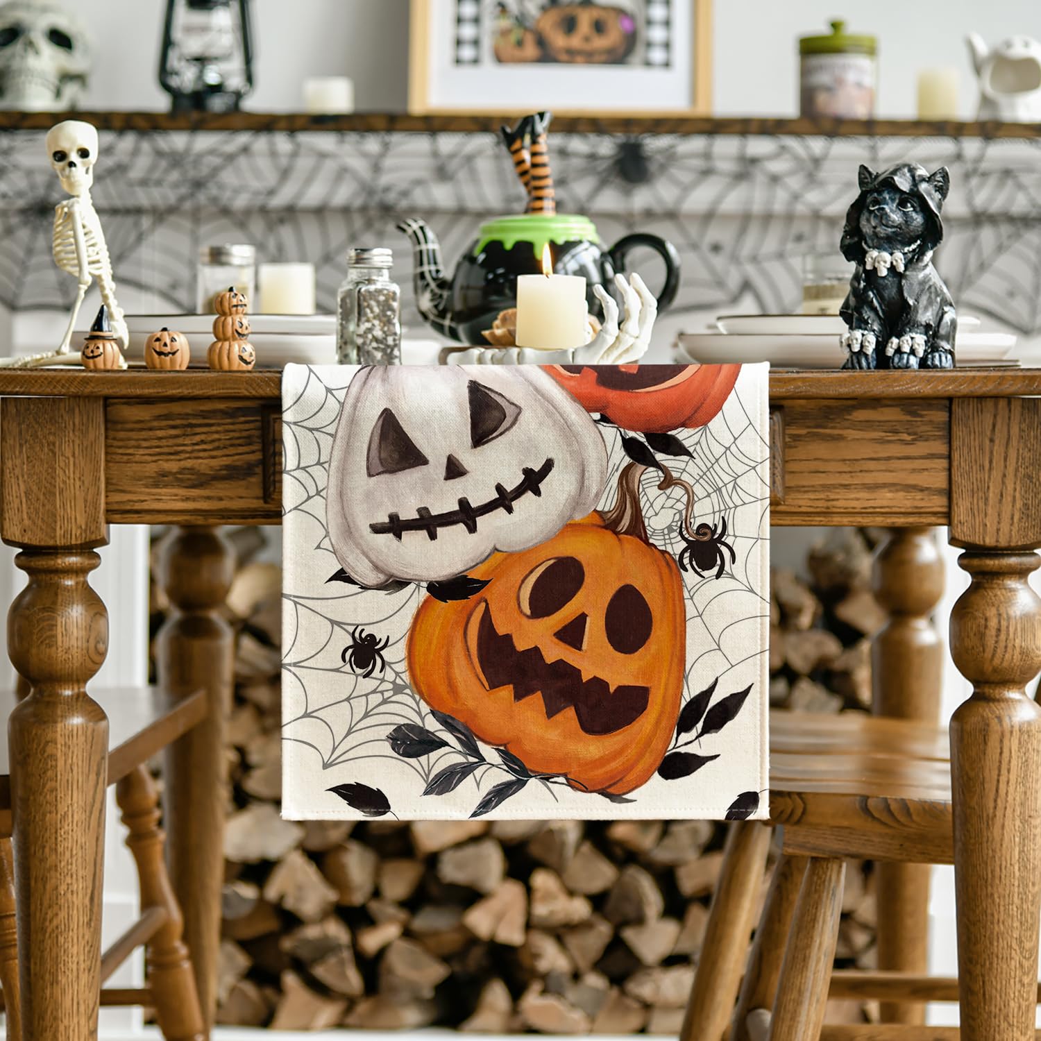 Artoid Mode Pumpkins Spider Web Leaves 2Pcs Halloween Table Runner, Seasonal Fall Kitchen Dining Table Decoration Home Party Dec