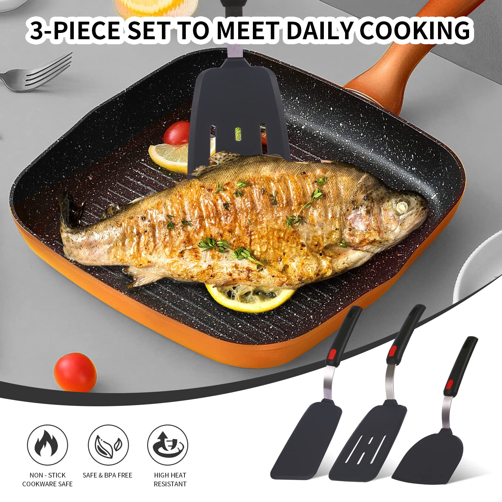 Collfa Kitchen Cooking Utensils Large Silicone Spatulas Turner Heat Resistant 3-Pack Set For Nonstick Cookware,Bpa-Free Rubber T