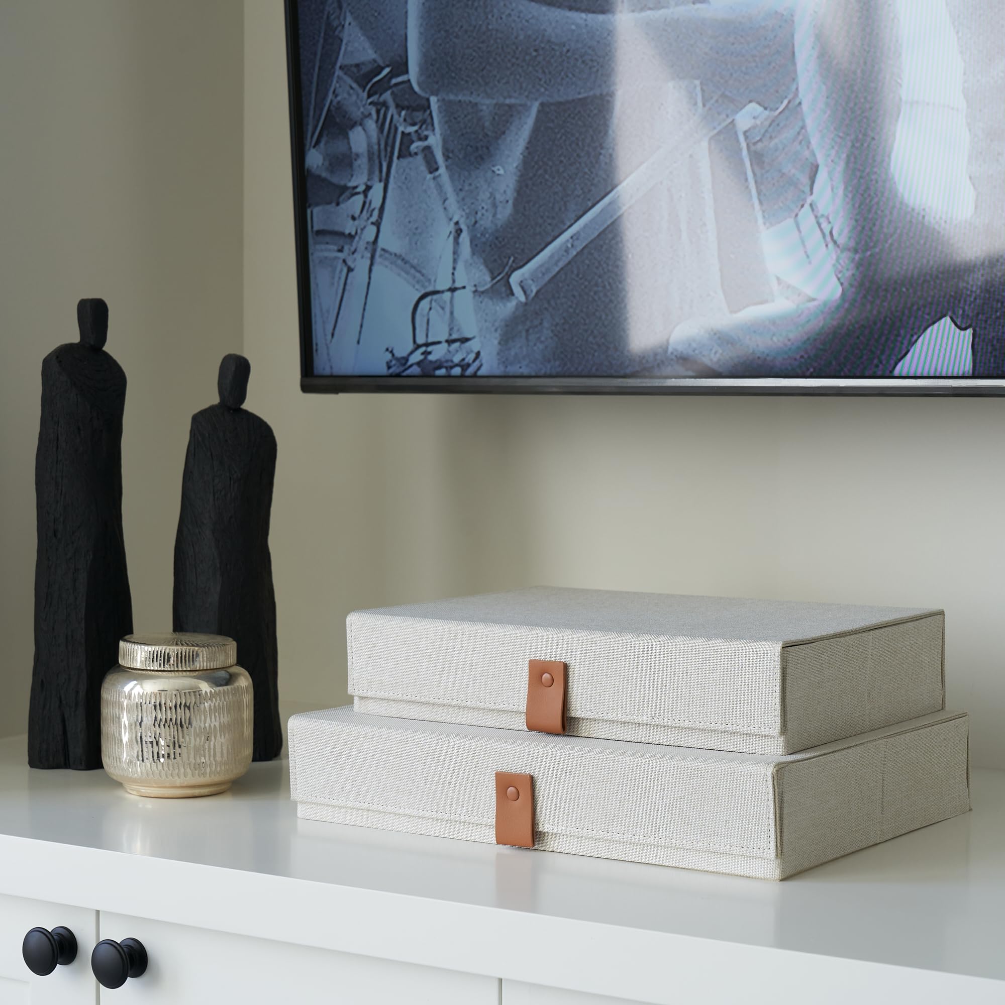 Decorative Photo Storage Boxes With Lids - Set Of 2 Beautiful Linen Organizers Are Perfect To Safely Store Your Pictures, Docume