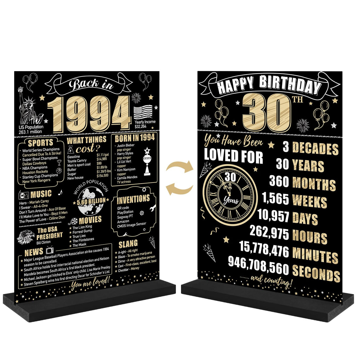 Eiurteao 30Th Birthday Decorations Back In 1994 Table Sign For Men Women, Black Gold Happy 30 Bday Two-Sided Wooden Table Poster