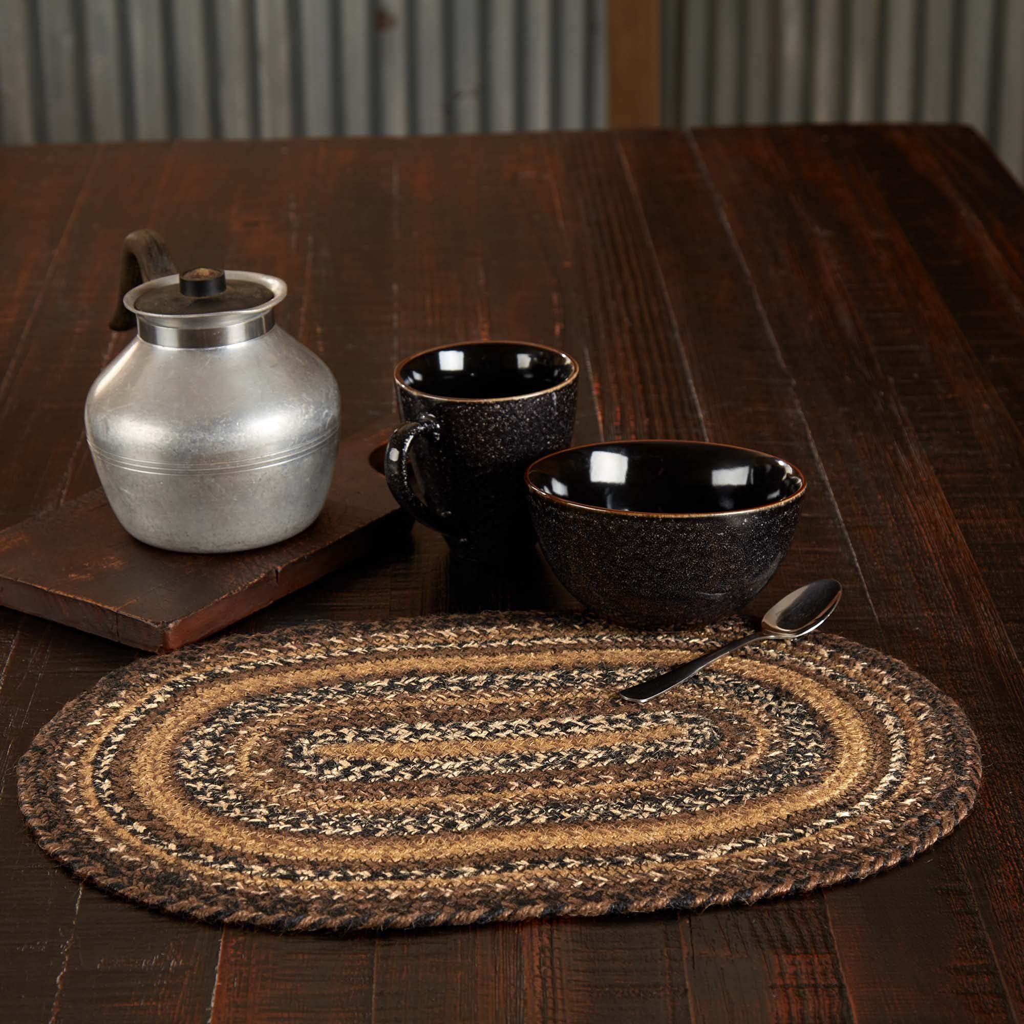 Vhc Brands Country Espresso Table Placemat, Brown Black Tan, Jute Blend, Oval, 12X18 Inches