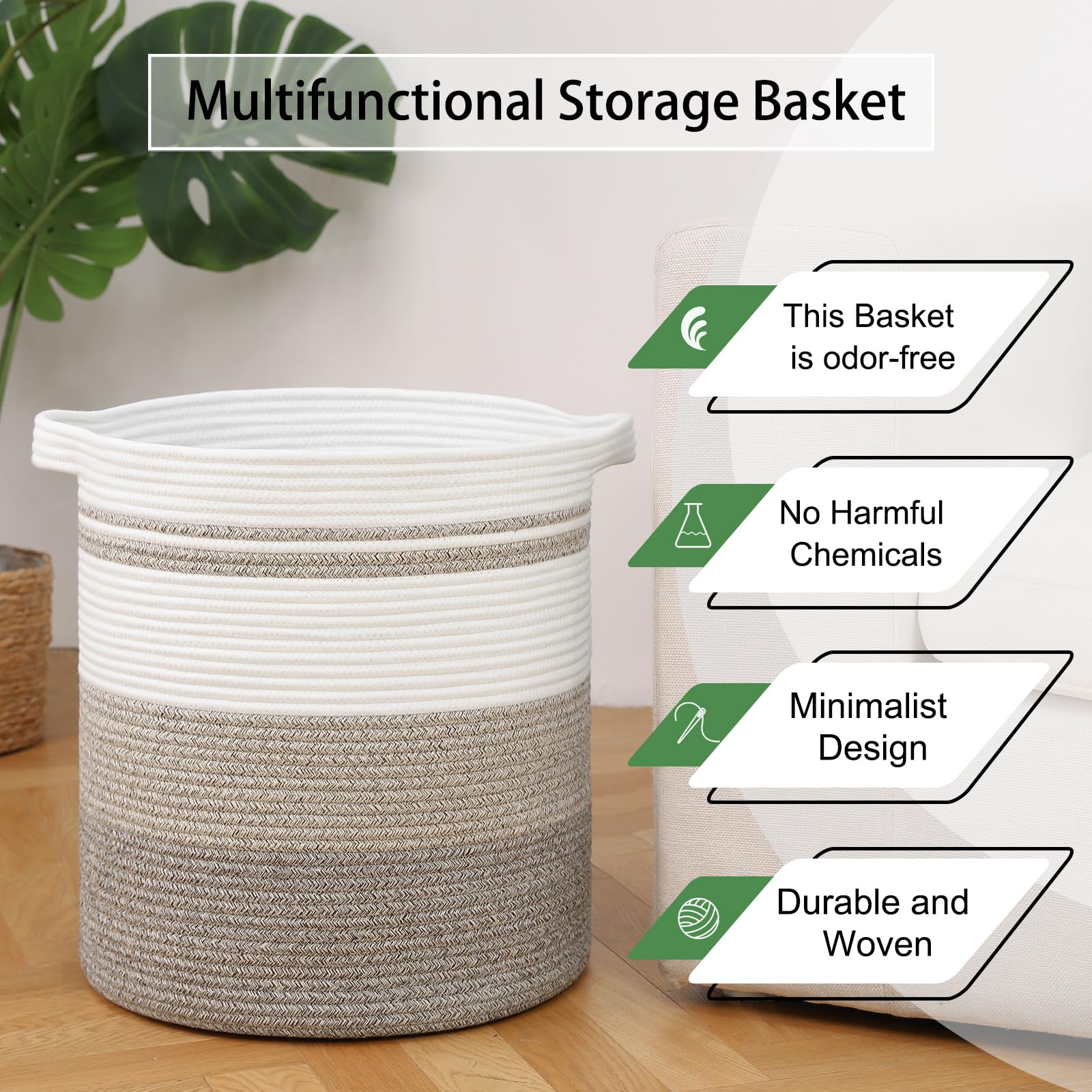 OIAHOMY 58L Laundry Baskets-Laundry Hamper  Storage Basket with Handles  Decorative Basket for Living room  Woven Storage Basket for Toys Bin  Pillows  Blankets  Clothes-18x16in-Gradient Brown