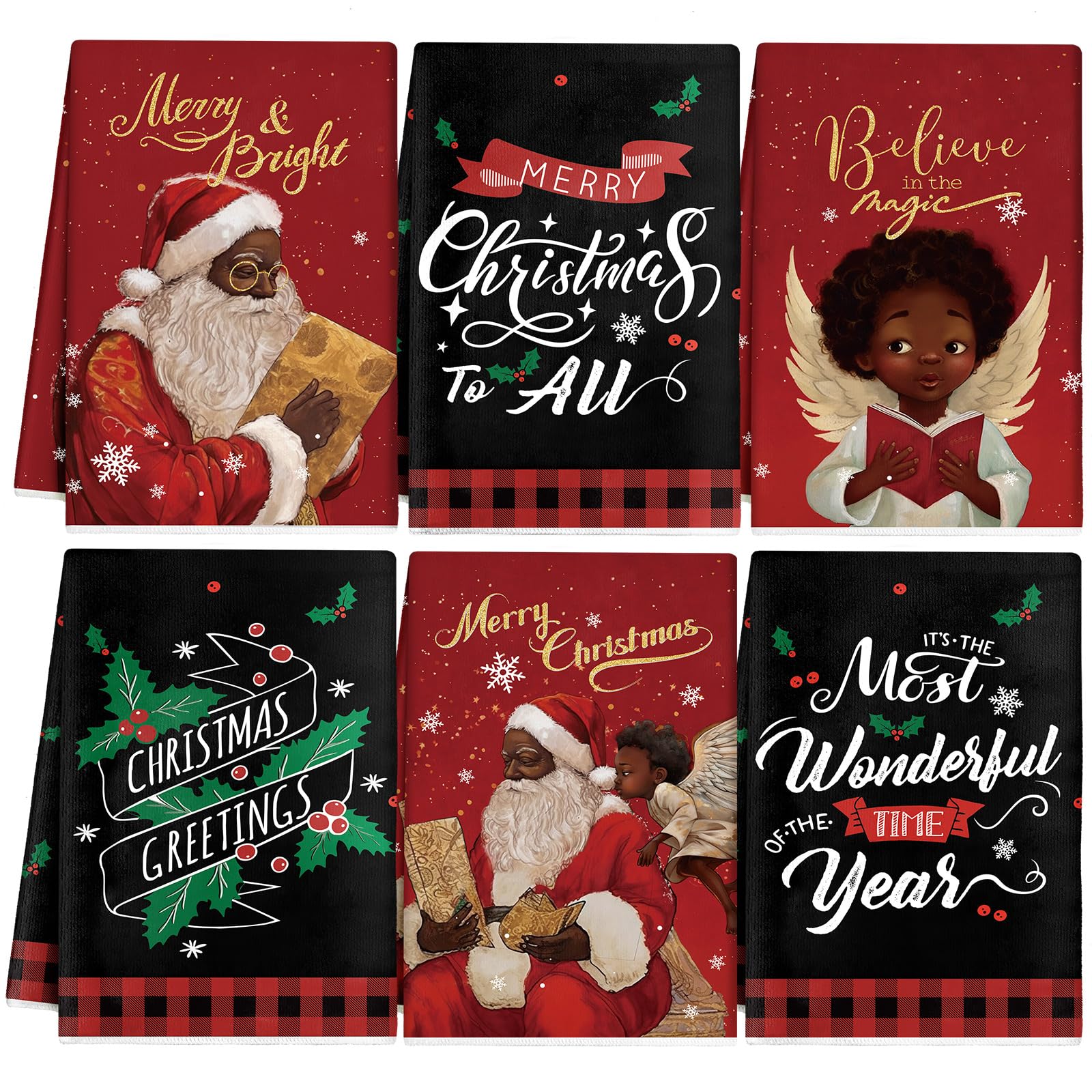 Hosuly 6 Pcs Christmas Kitchen Towels African American Black Santa Dish Clothes Xmas Black and Red Hand Towels Santa Angel Holly