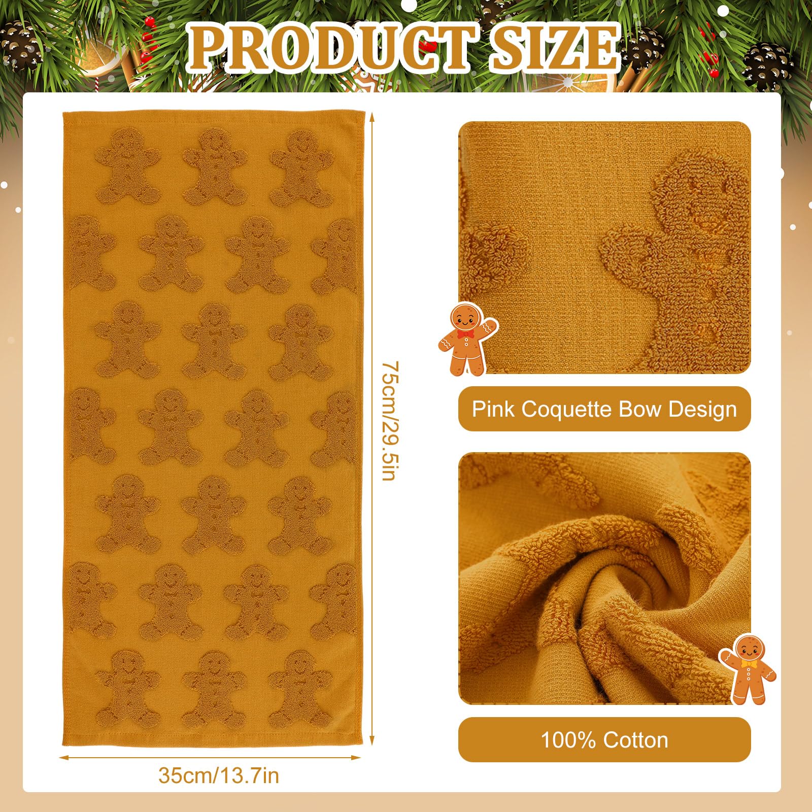 Breling 2 Pcs Christmas Hand Towels Brown Gingerbread Man Bathroom Decorative Towels 100% Cotton Absorbent Jacquard Weave Bath D