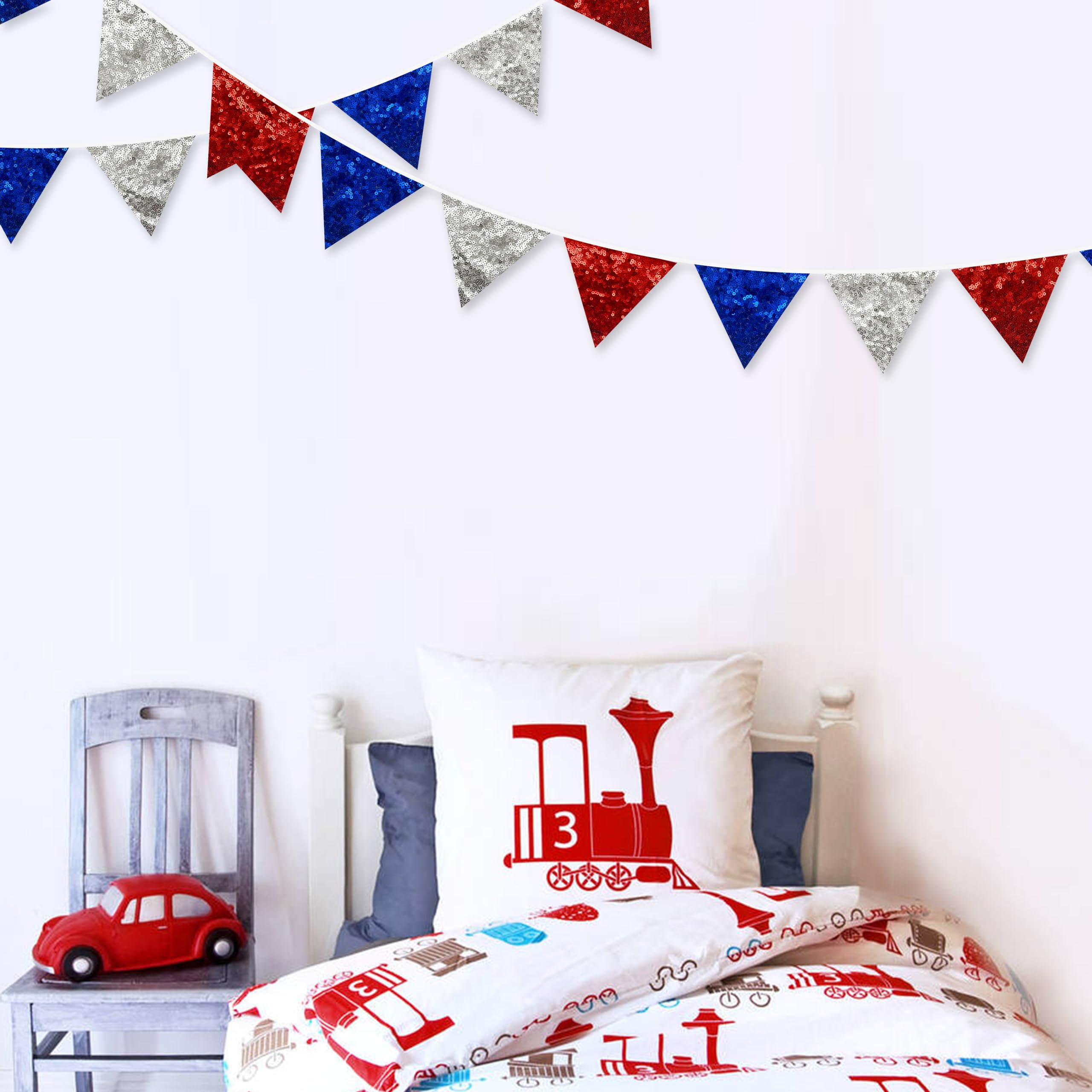 Pinkblume Red Blue Silver Decorations Double Sided Sequin Fabric Triangle Pennant Banner Flag Bunting Garland For Nursery Classr