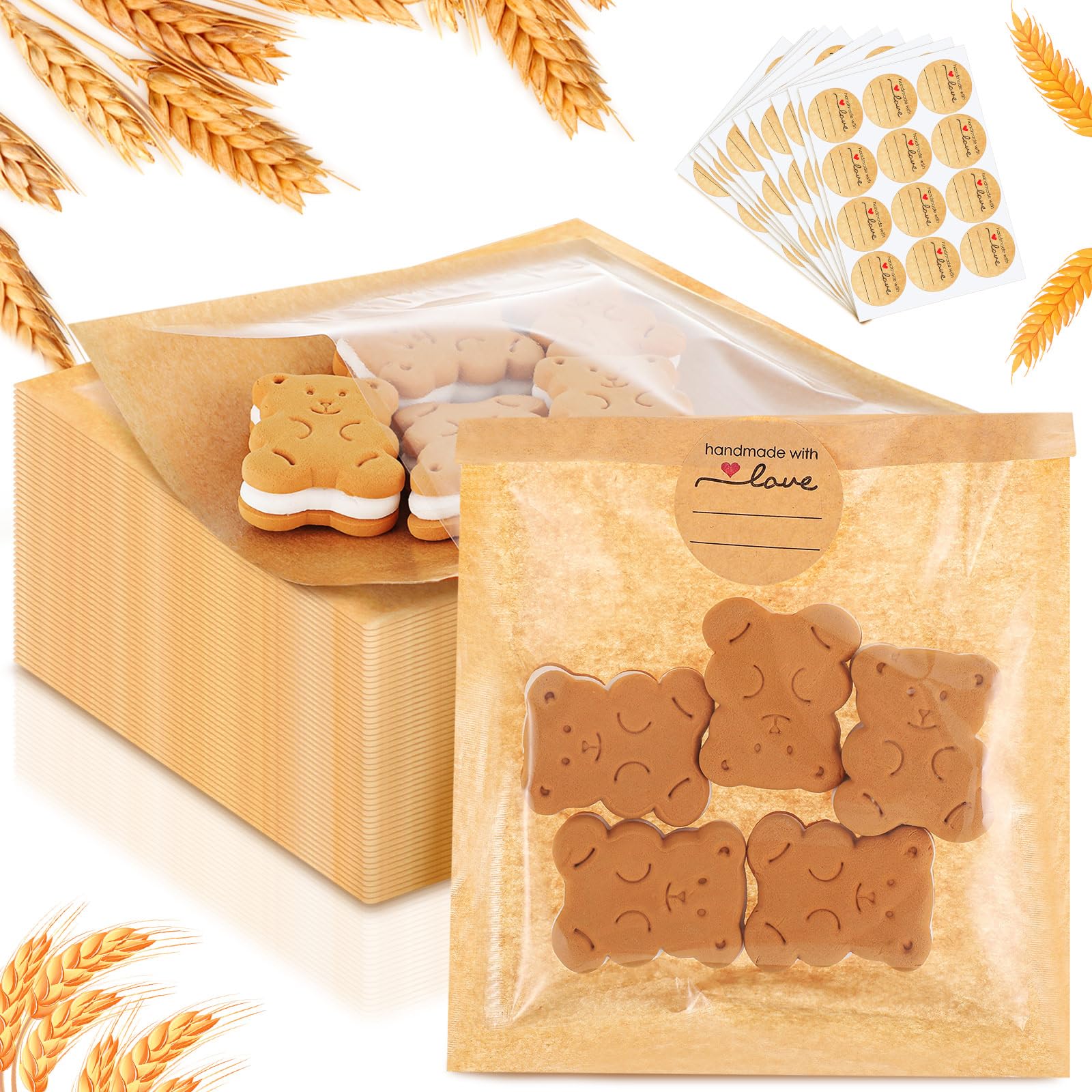 Outus 200 Pcs Cookie Packaging Bags with Seal, 5 x 6 Inch Bakery Pastry Bags with Window, Heat Sealable Grease Resistant Paper t